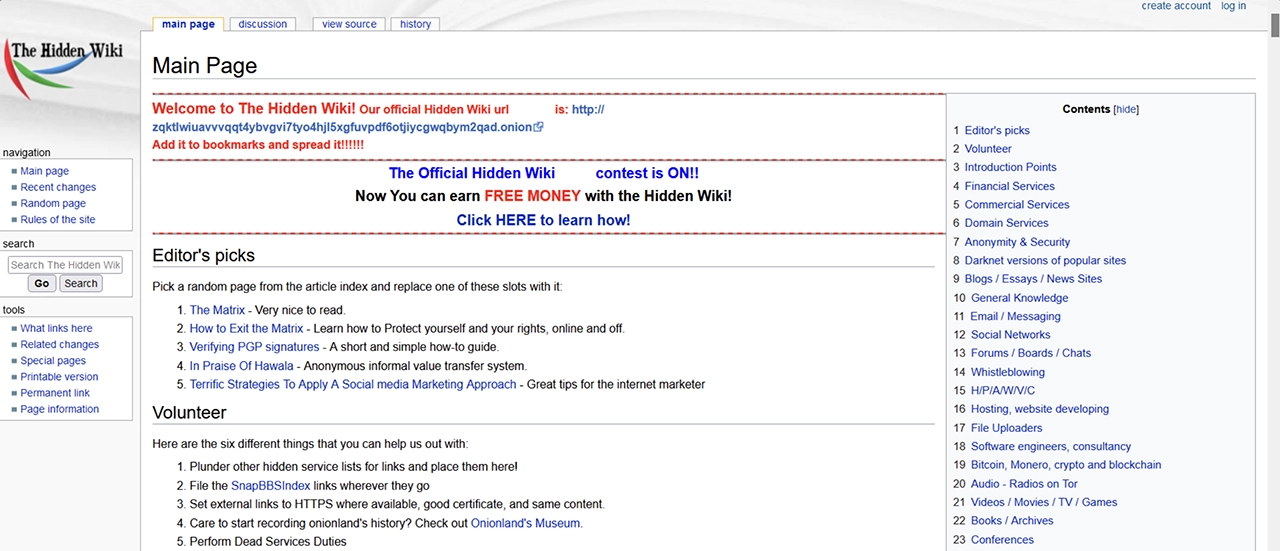 Screenshot of The Hidden Wiki home page on the dark web
