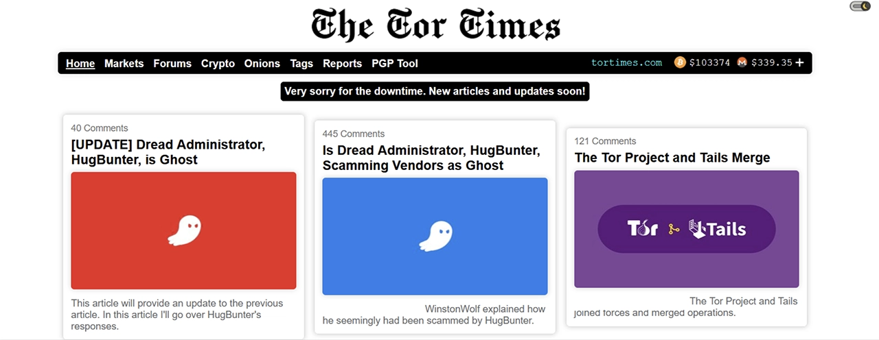 Screenshot of The Tor Times front page on the dark web