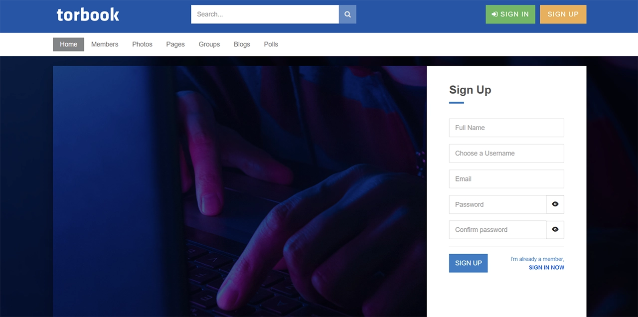 Screenshot of the TorBook login and registration page on the dark web