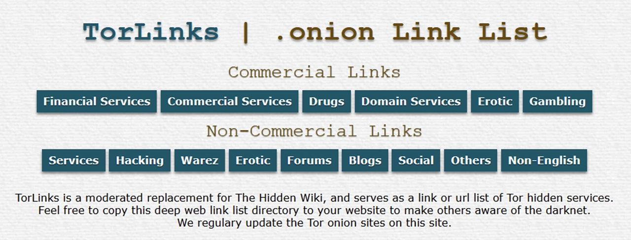 Screenshot of the TorLinks home page of the dark web