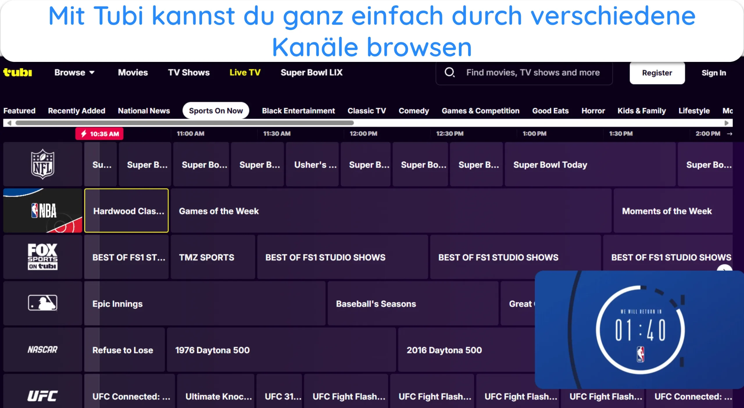 Screenshot der Navigation durch die verschiedenen Tubi-Kanäle.
