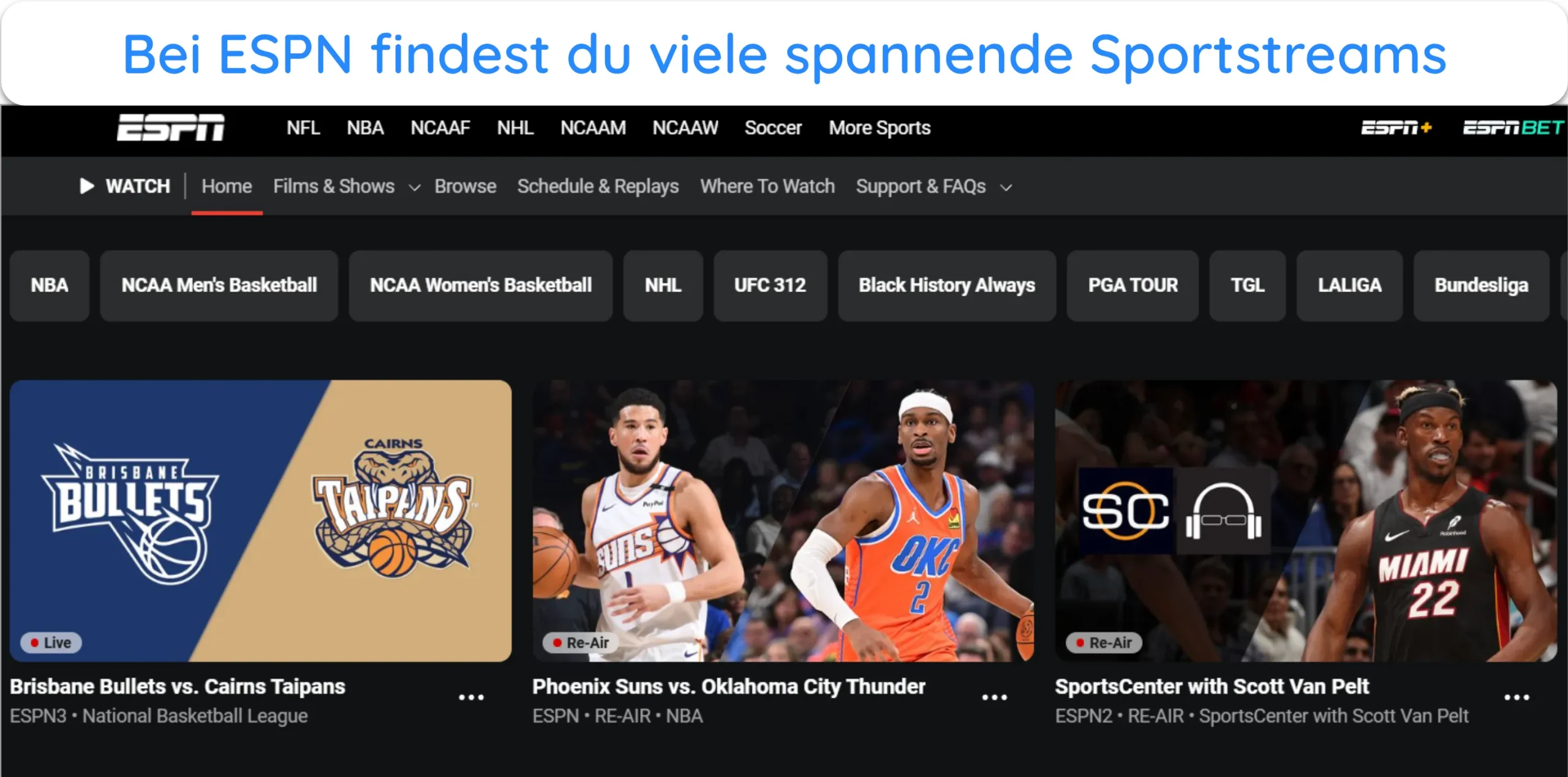 Screenshot der ESPN-Streaming-Hauptseite.