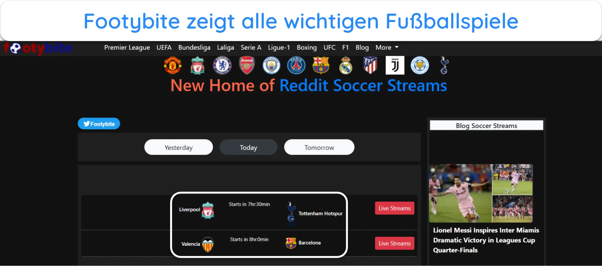 Screenshot von FootyBite mit wichtigen bevorstehenden Fußballspielen.