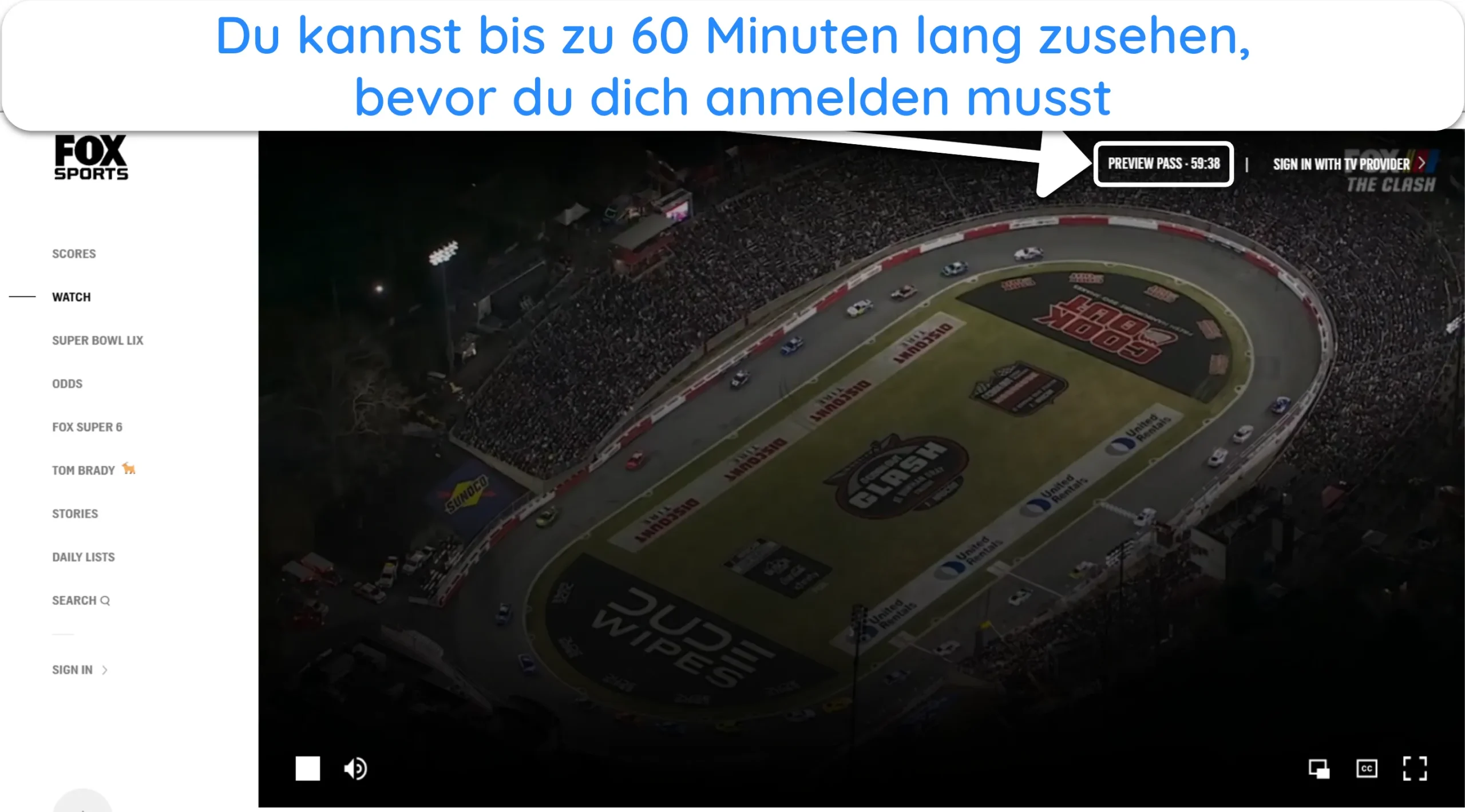 Screenshot von Fox Sports mit 60 Minuten Streaming-Zeit ohne Anmeldung.