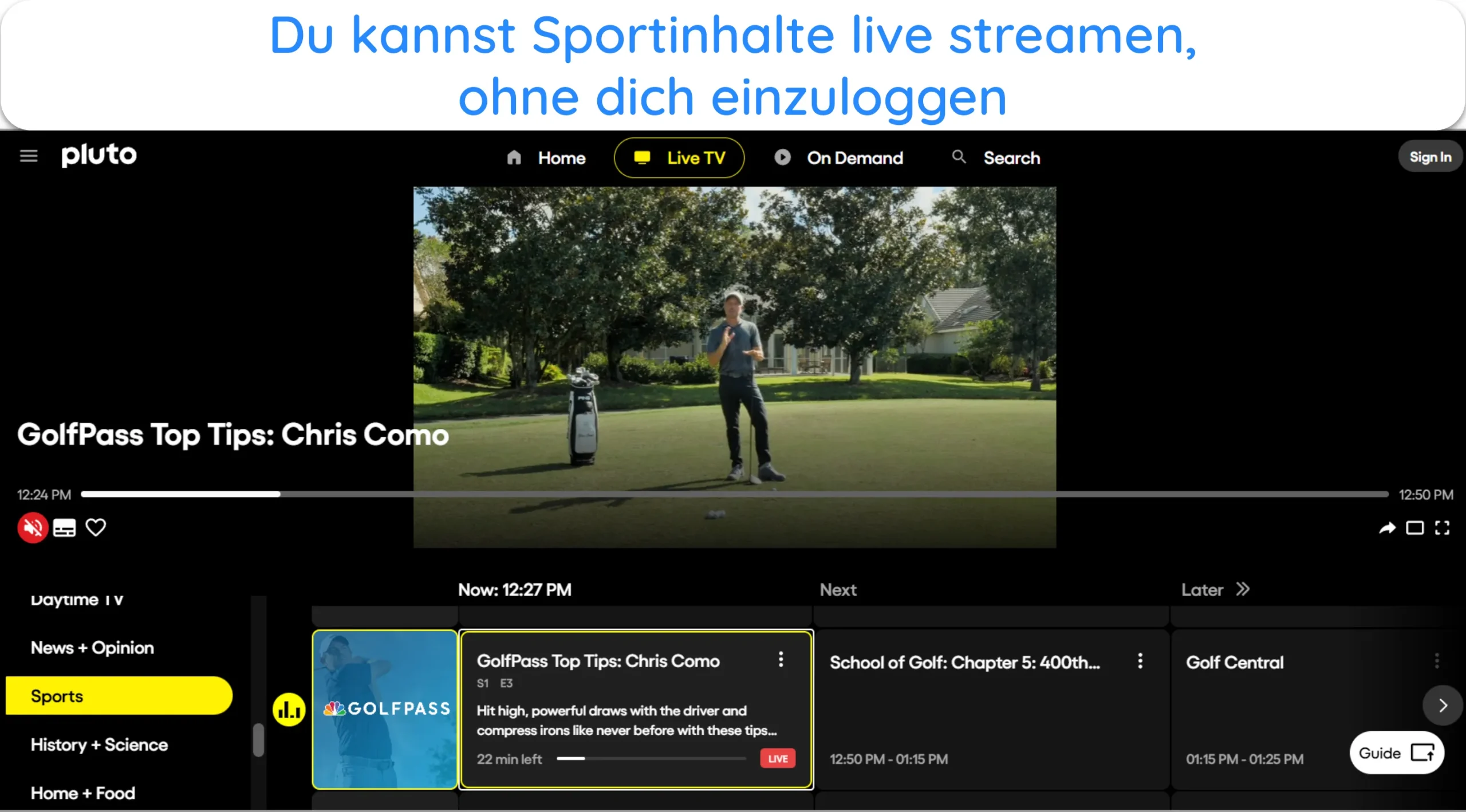 Screenshot der Live-Streams auf Pluto TV ohne Anmeldung.