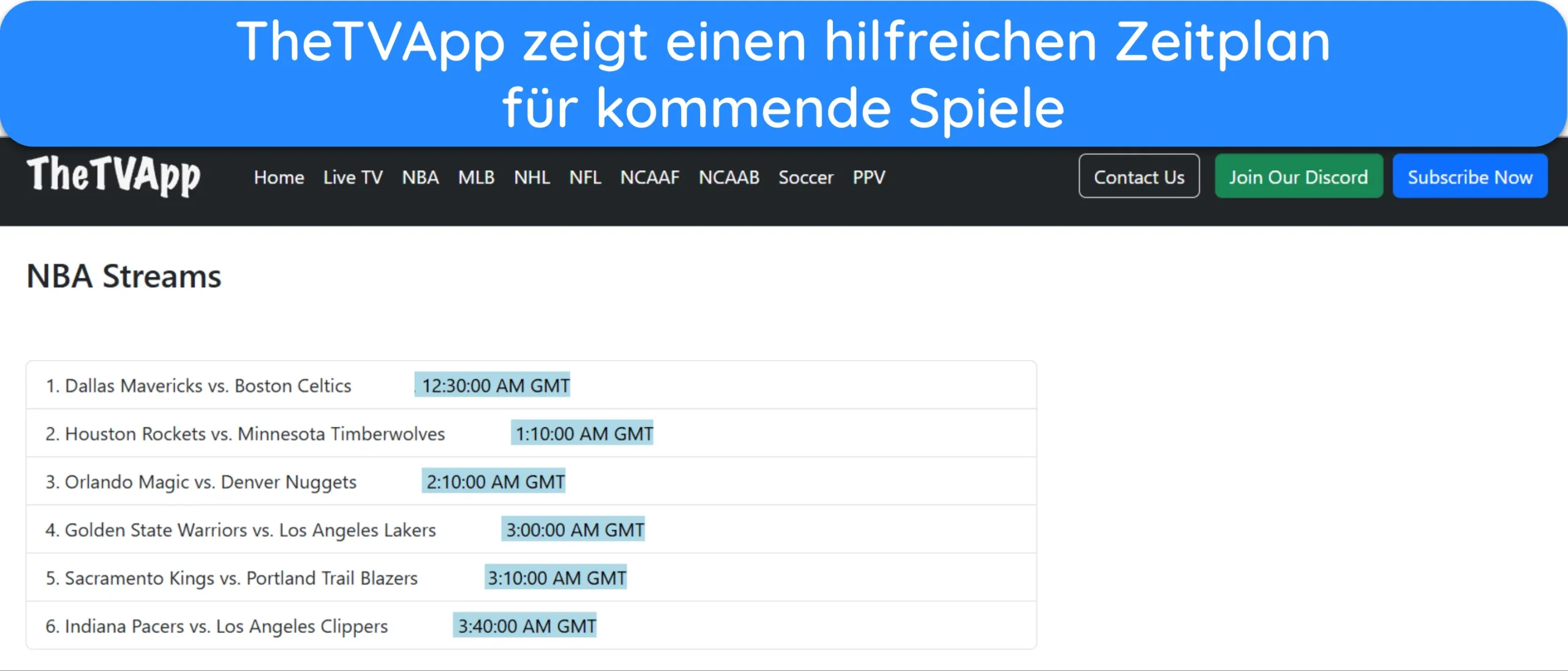 Screenshot des Spielplans der kommenden NBA-Spiele auf TheTVApp.