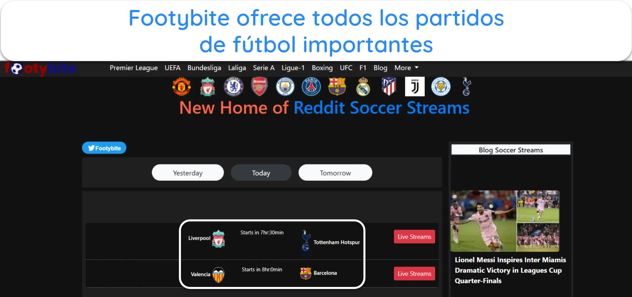 Captura de pantalla de FootyBite que destaca los próximos partidos de fútbol importantes.