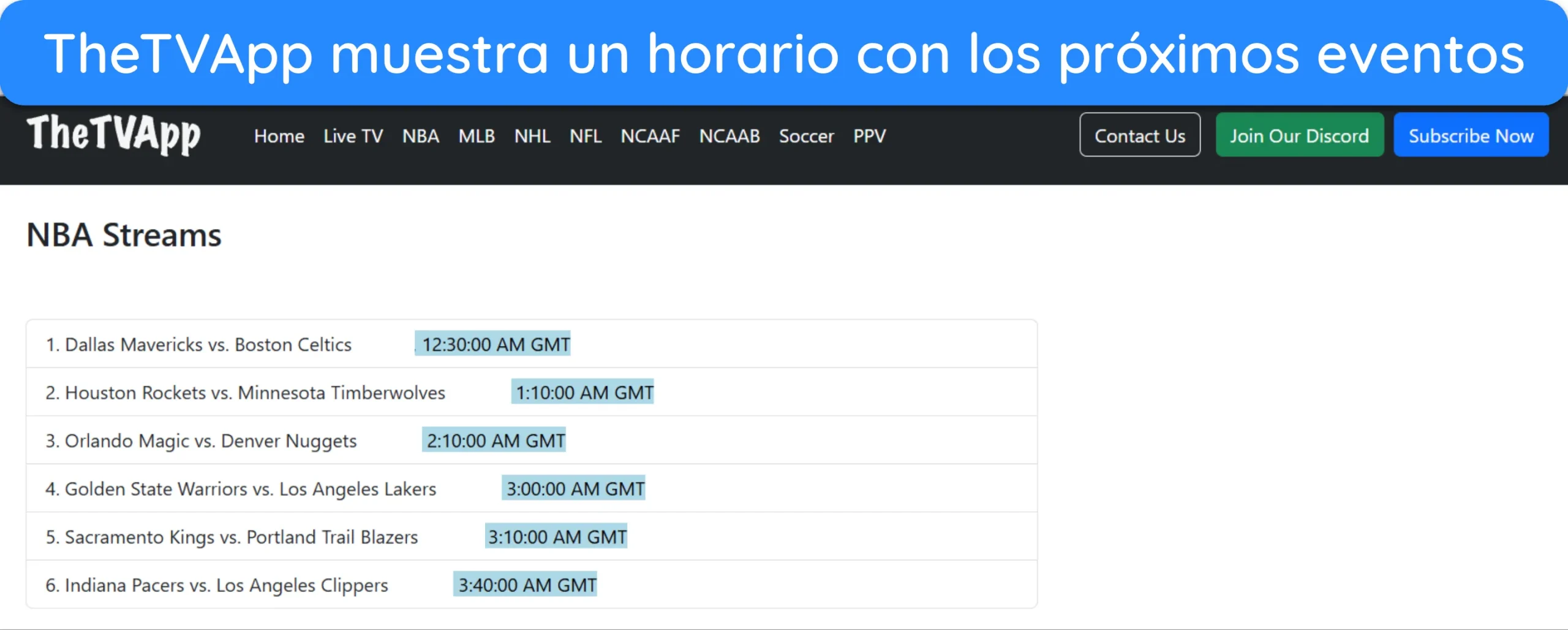 Captura de pantalla que muestra el calendario de los próximos partidos de la NBA en TheTVApp.