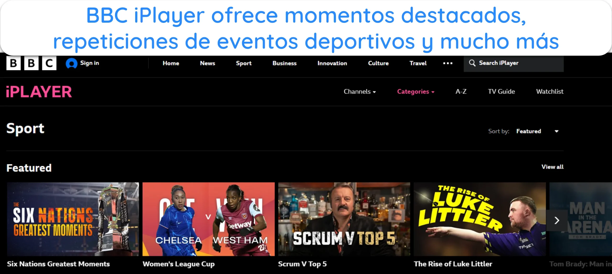 Captura de pantalla de los distintos tipos de contenido deportivo en BBC iPlayer.