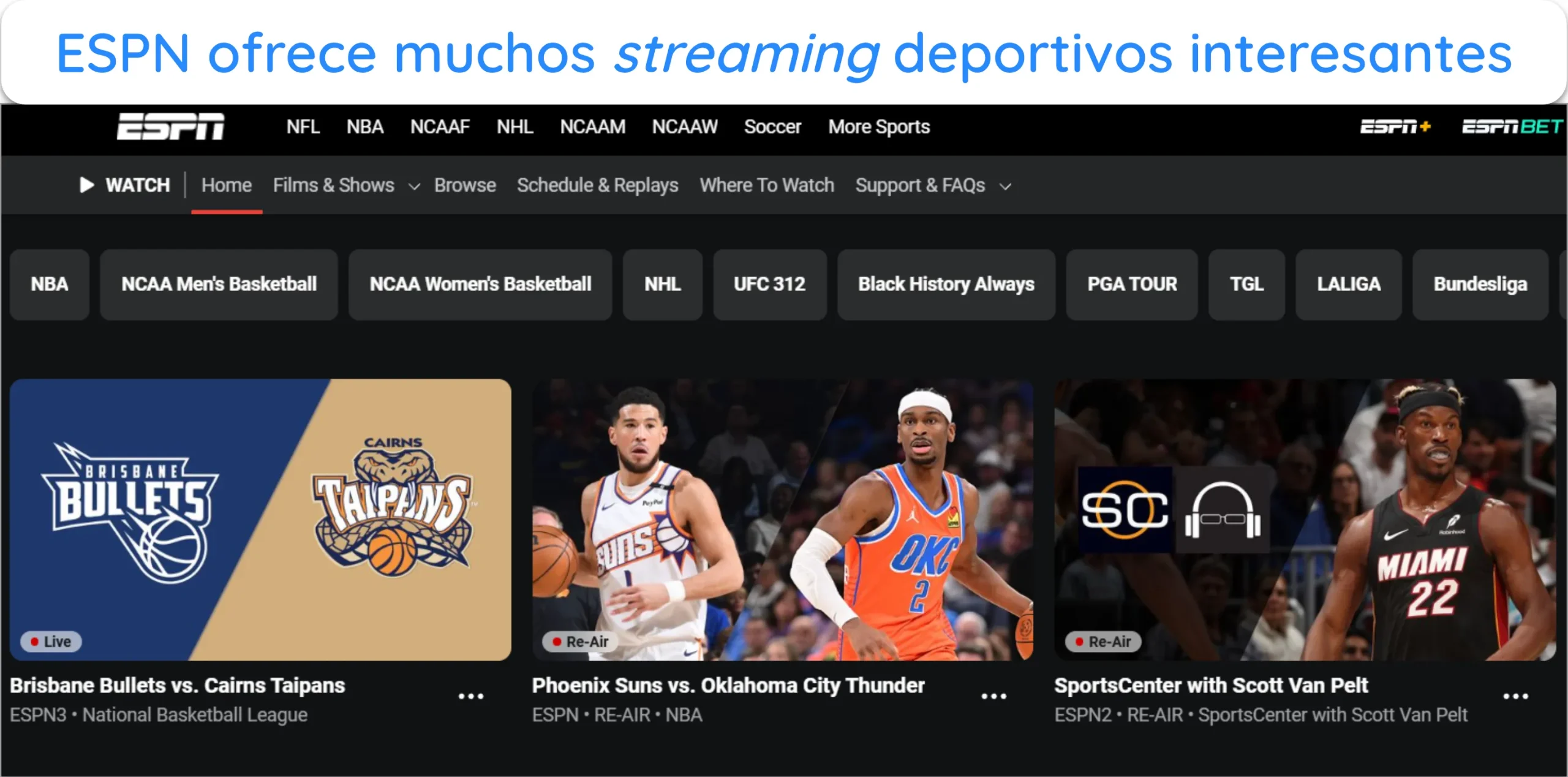 Captura de pantalla que muestra la página principal de streaming de ESPN.