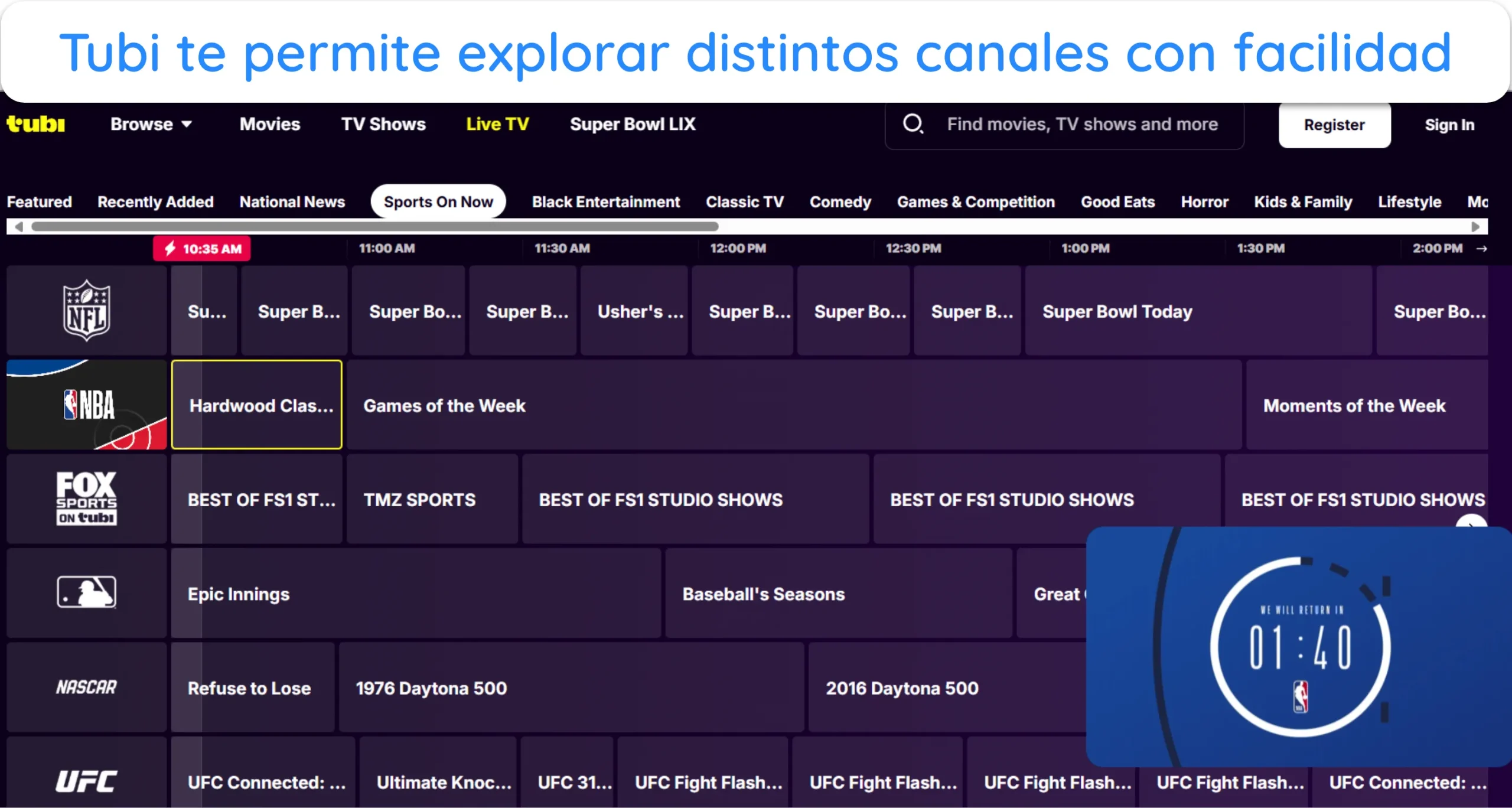 Captura de pantalla que muestra cómo navegar por los distintos canales de Tubi.