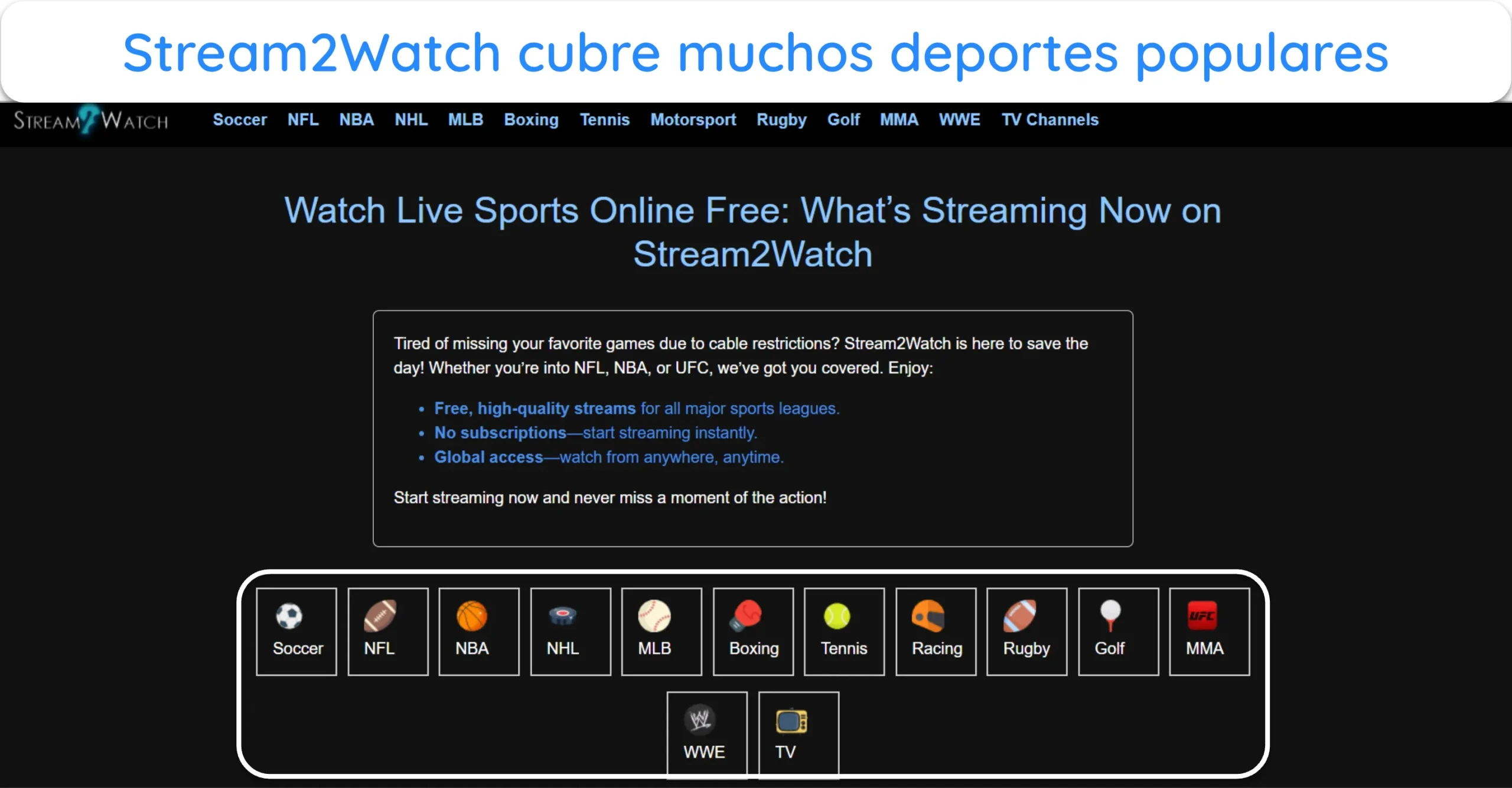 Captura de pantalla que muestra los distintos deportes disponibles en Stream2Watch.