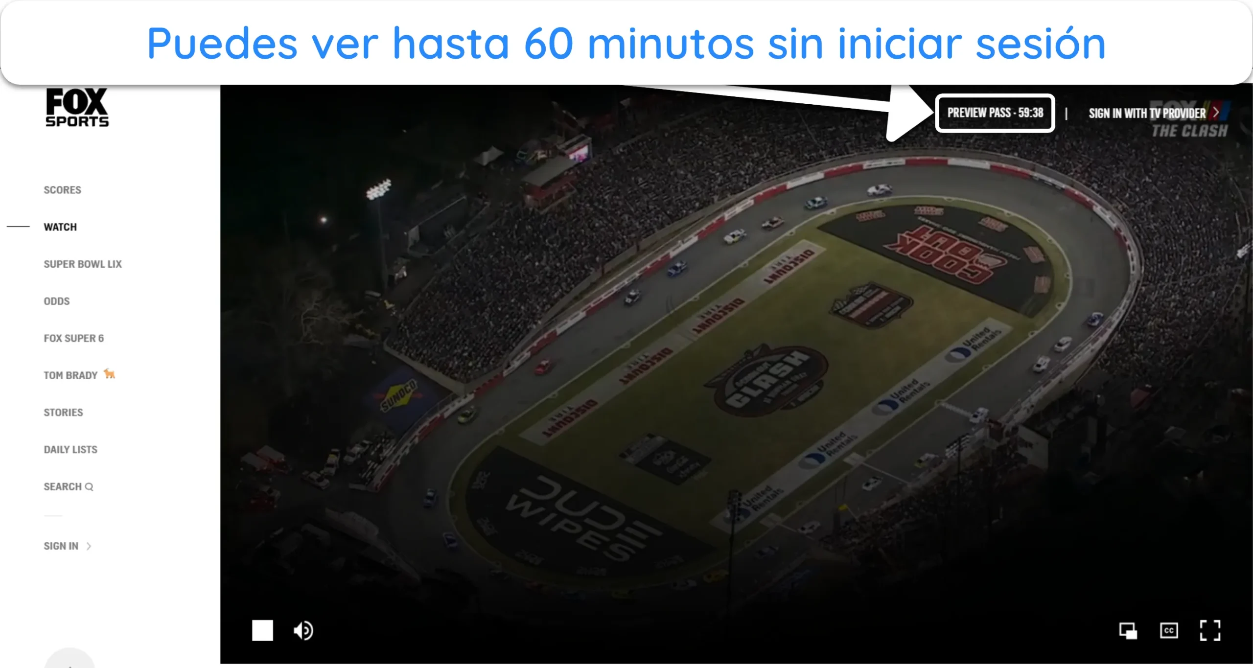 Captura de pantalla de Fox Sports que permite ver 60 minutos antes de iniciar sesión.