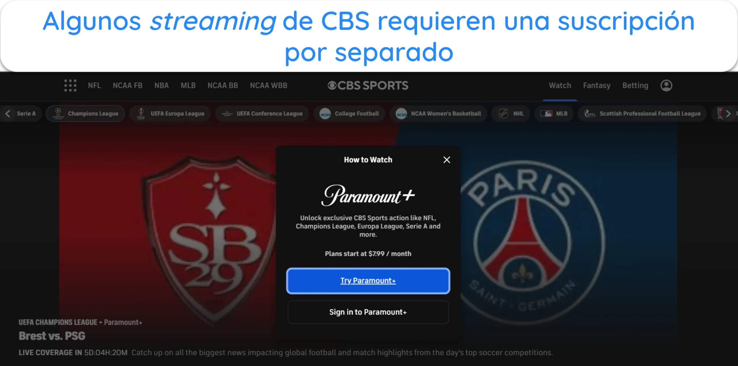 Captura de pantalla de CBS Sports que solicita iniciar sesión en Paramount+ para una transmisión específica.
