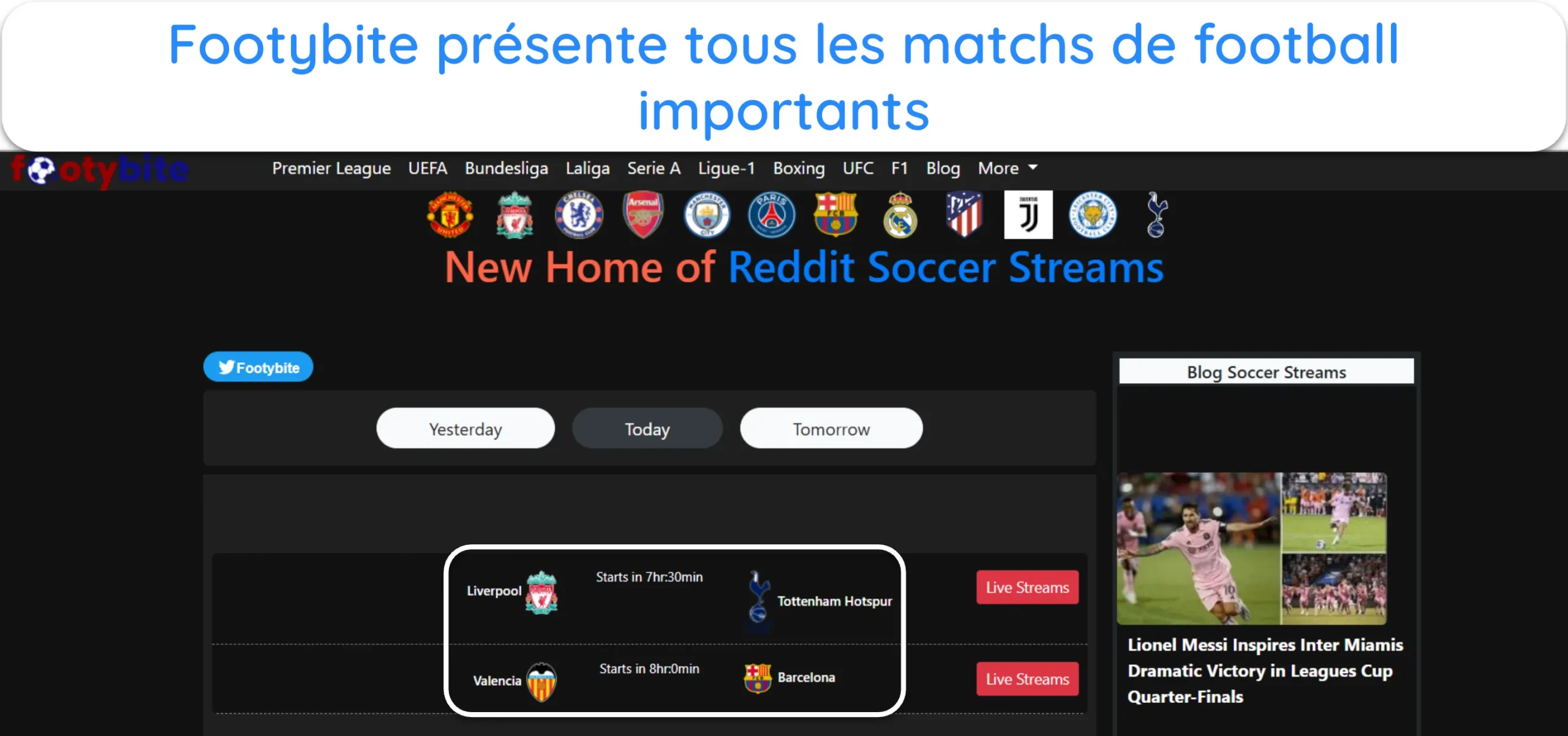 Capture d'écran de FootyBite mettant en avant les matchs de football importants à venir.