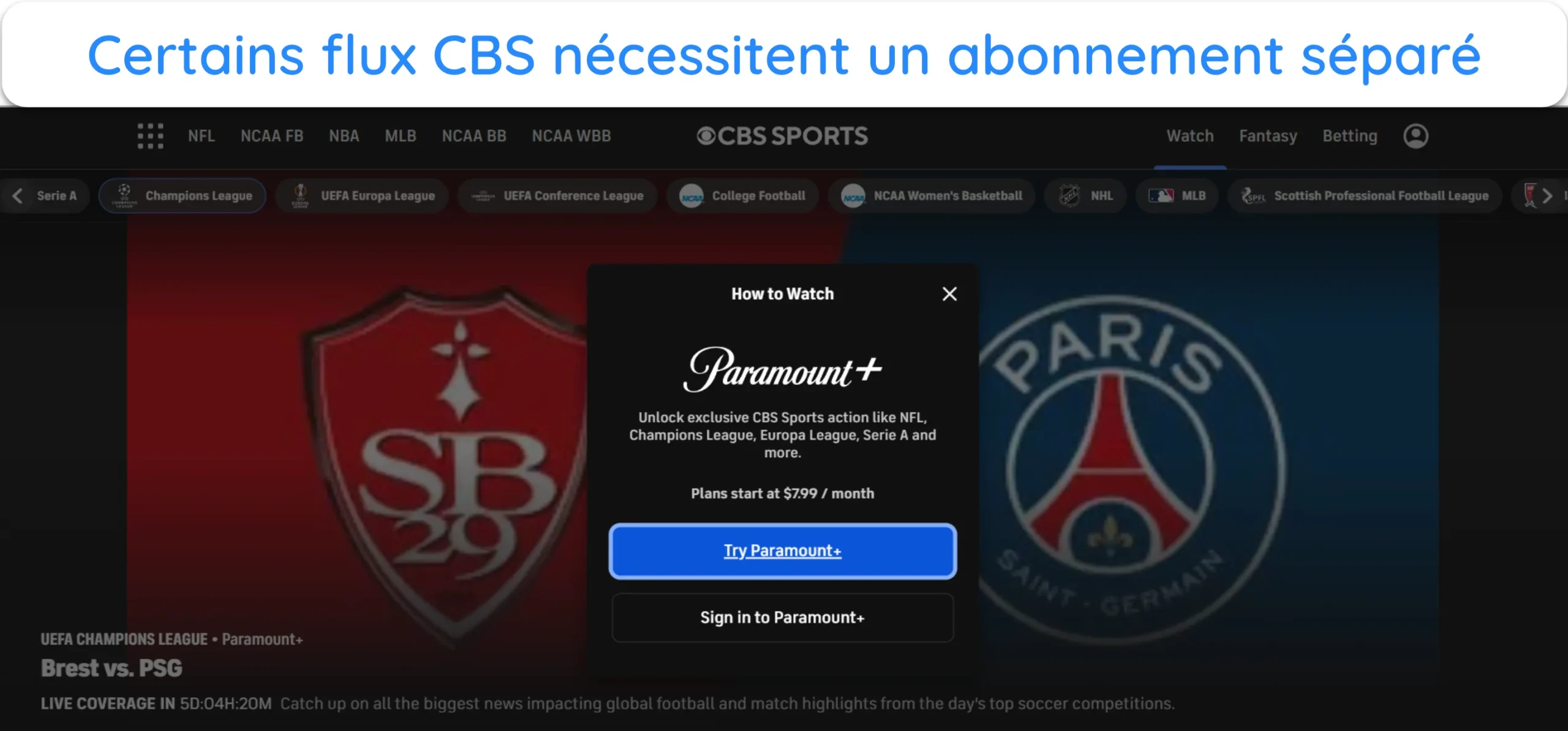 Capture d'écran de CBS Sports demandant un identifiant Paramount+ pour un flux spécifique.