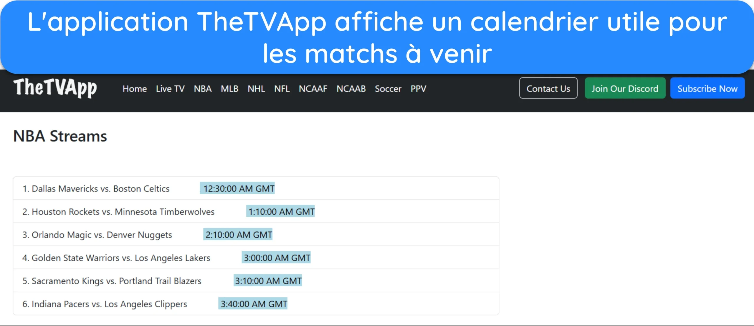 Capture d'écran montrant le calendrier des prochains matchs NBA sur TheTVApp.