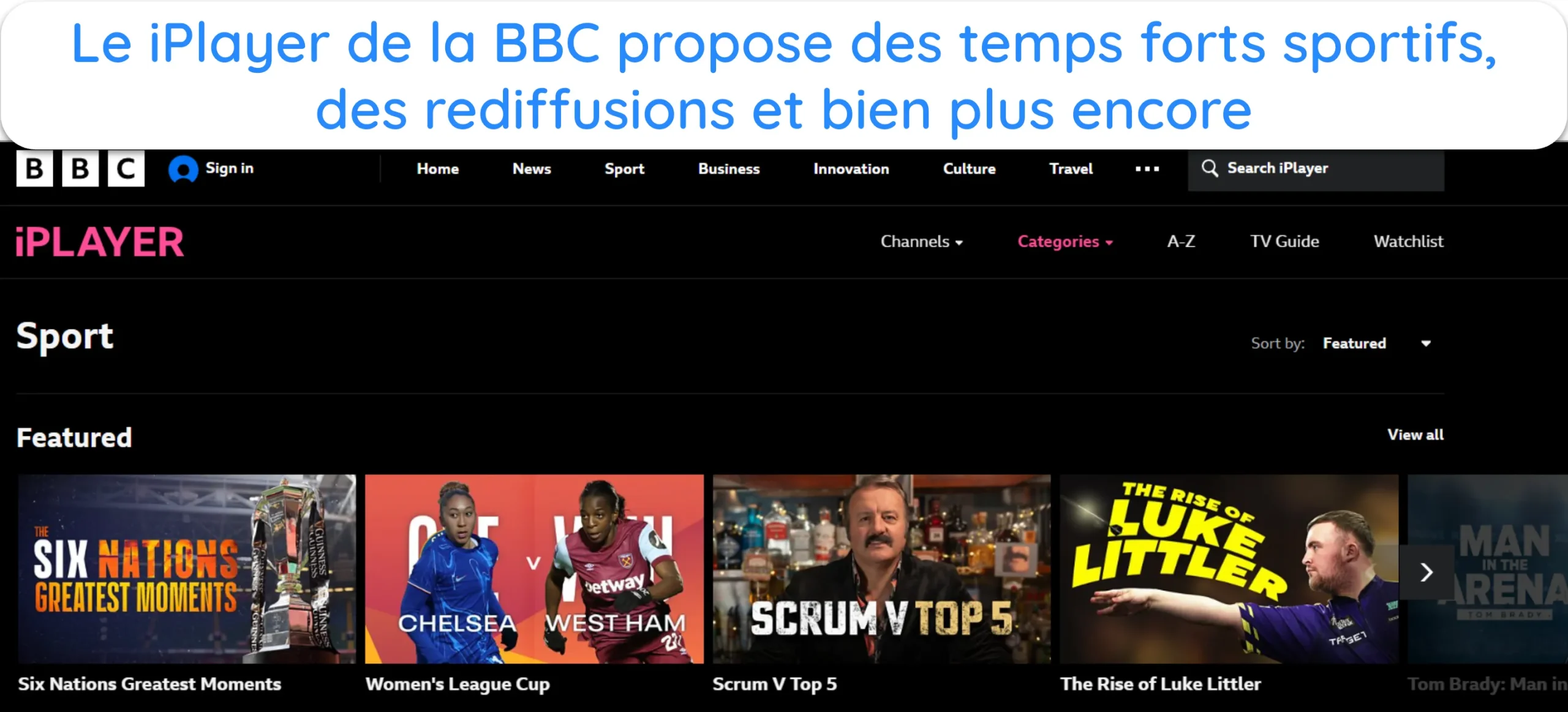 Capture d'écran des différents types de contenus sportifs sur BBC iPlayer.