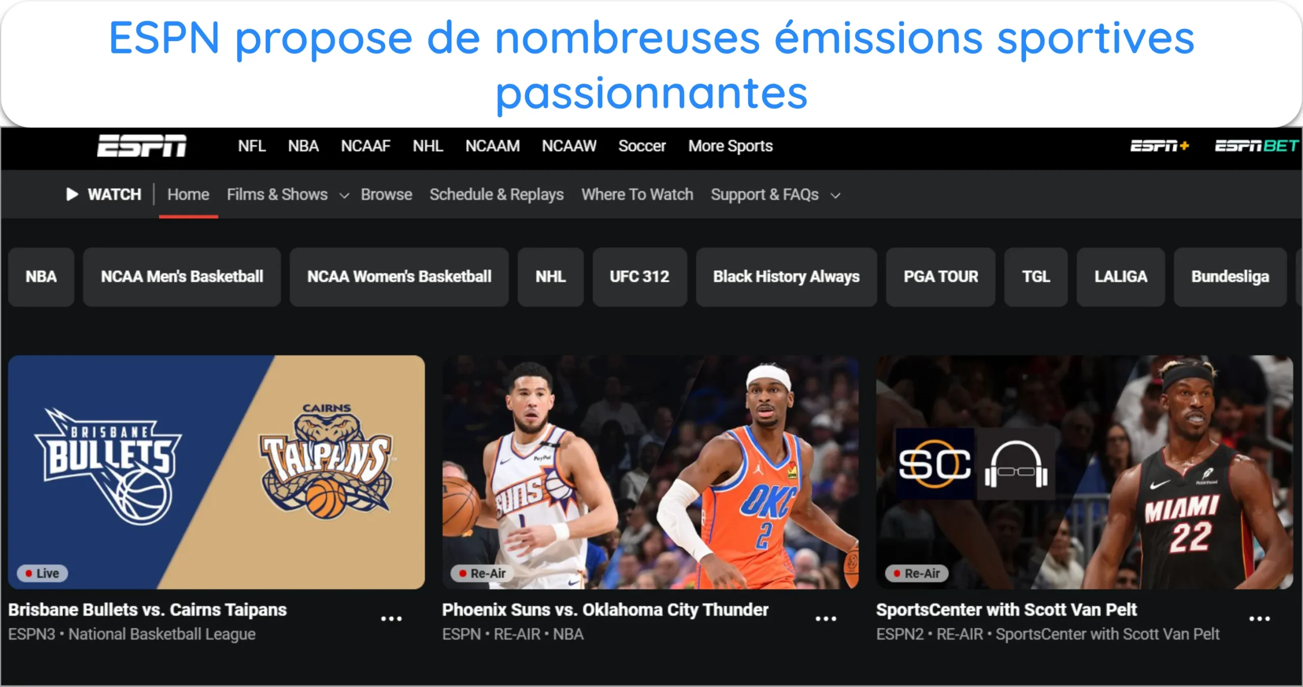 Capture d'écran montrant la page principale de streaming d'ESPN.