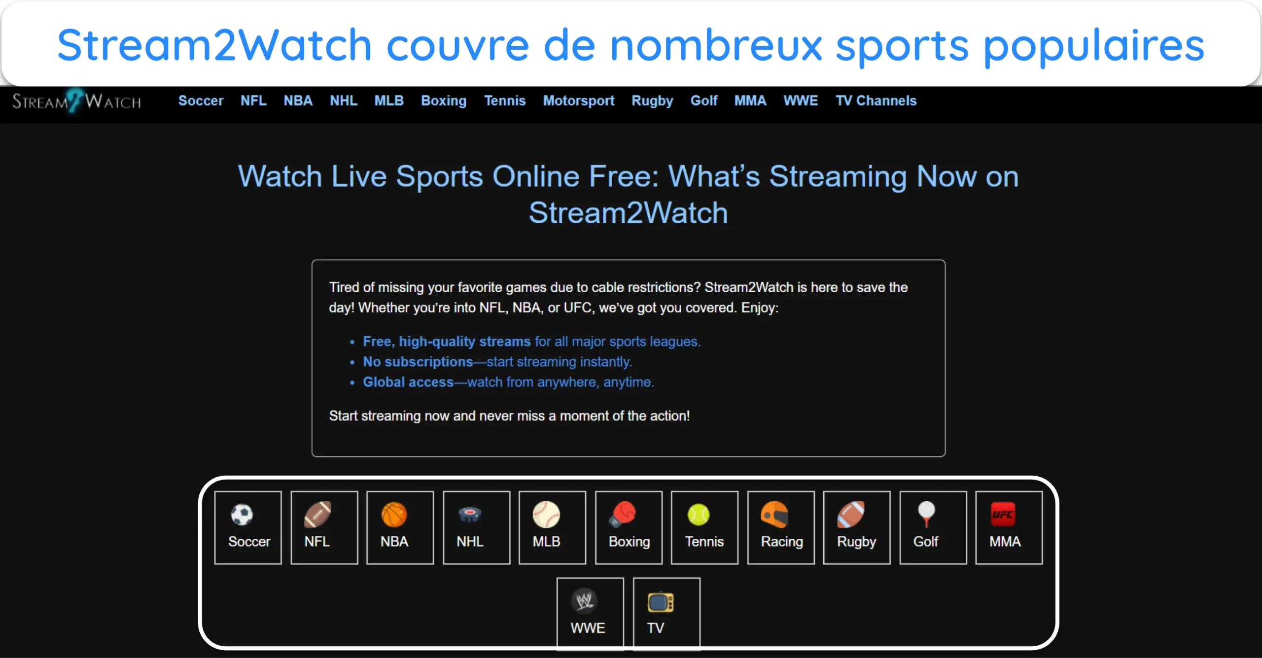 Capture d'écran montrant les différents sports disponibles sur Stream2Watch.