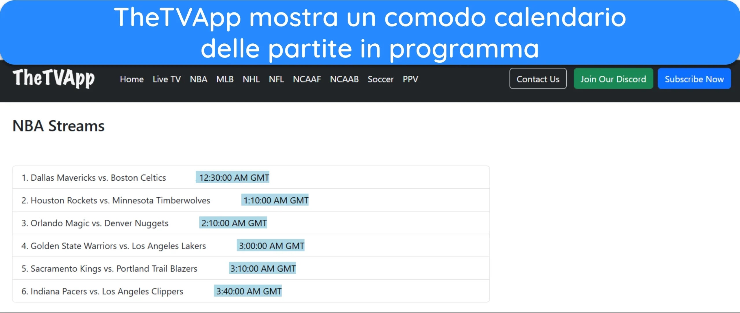 Screenshot che mostra il calendario delle prossime partite NBA su TheTVApp.