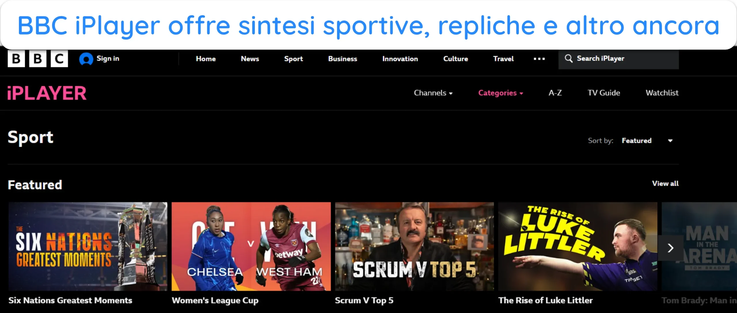 Screenshot dei vari tipi di contenuti sportivi su BBC iPlayer.
