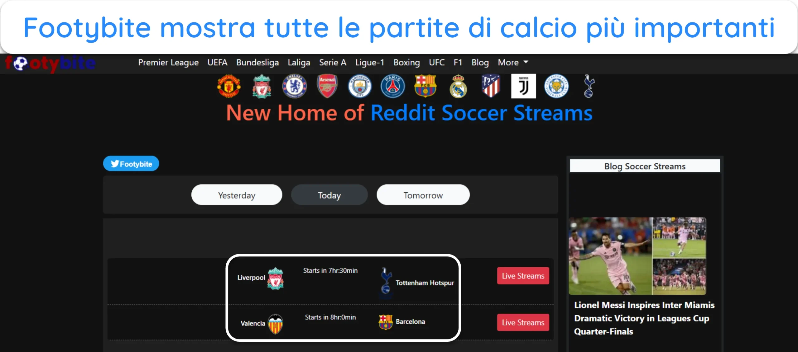 Screenshot di FootyBite che evidenzia le prossime partite di calcio importanti.