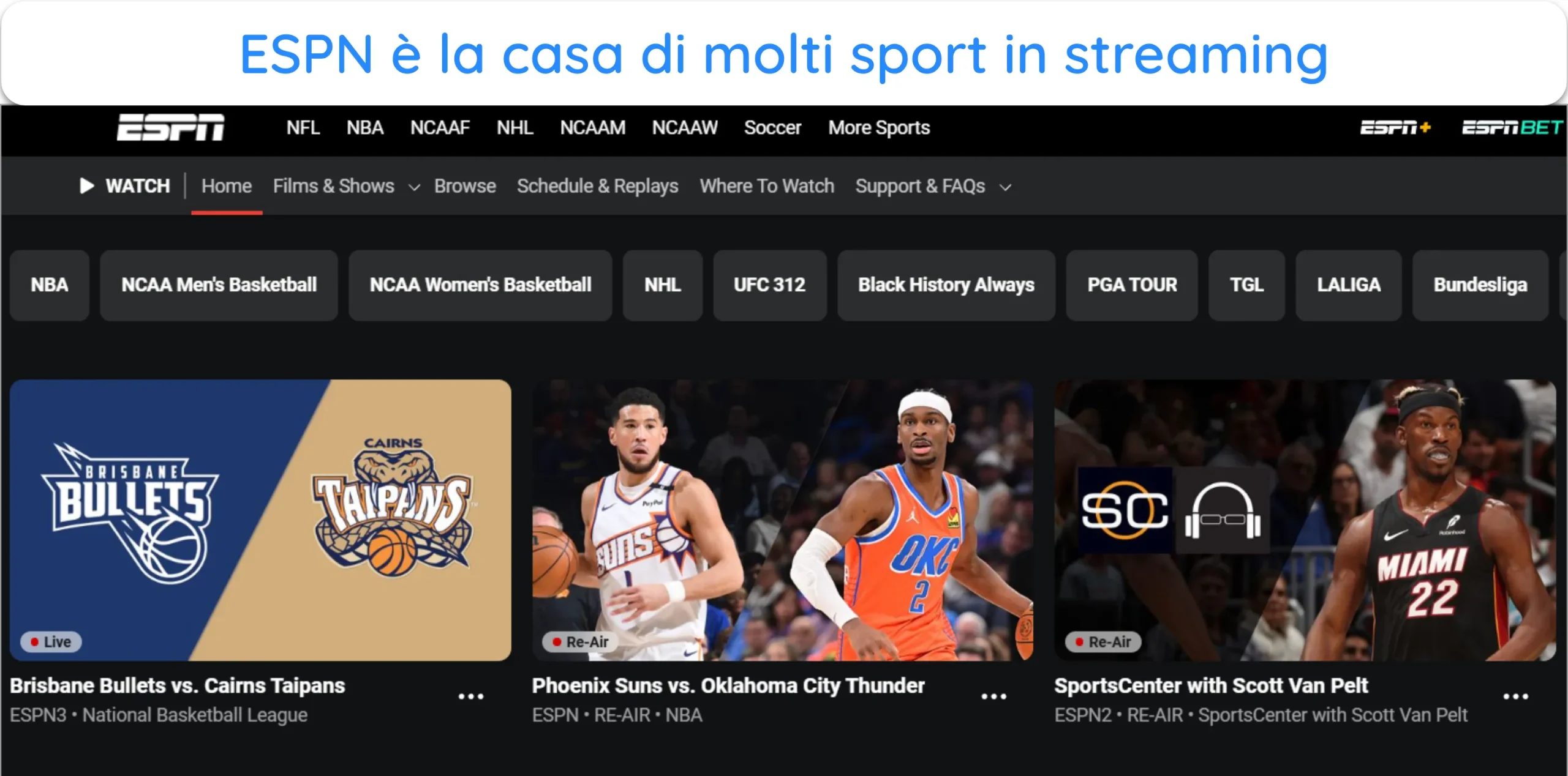 Screenshot che mostra la pagina principale di streaming di ESPN.
