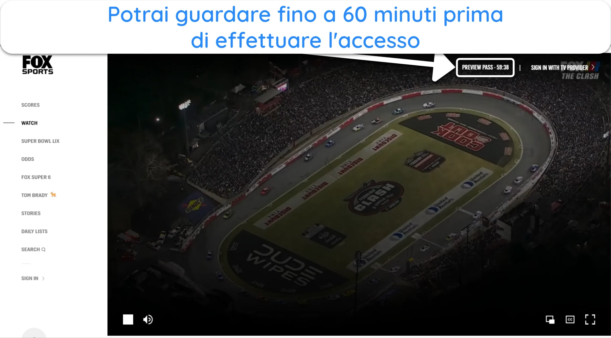 Screenshot di Fox Sports che consente 60 minuti di visione prima di effettuare l'accesso.