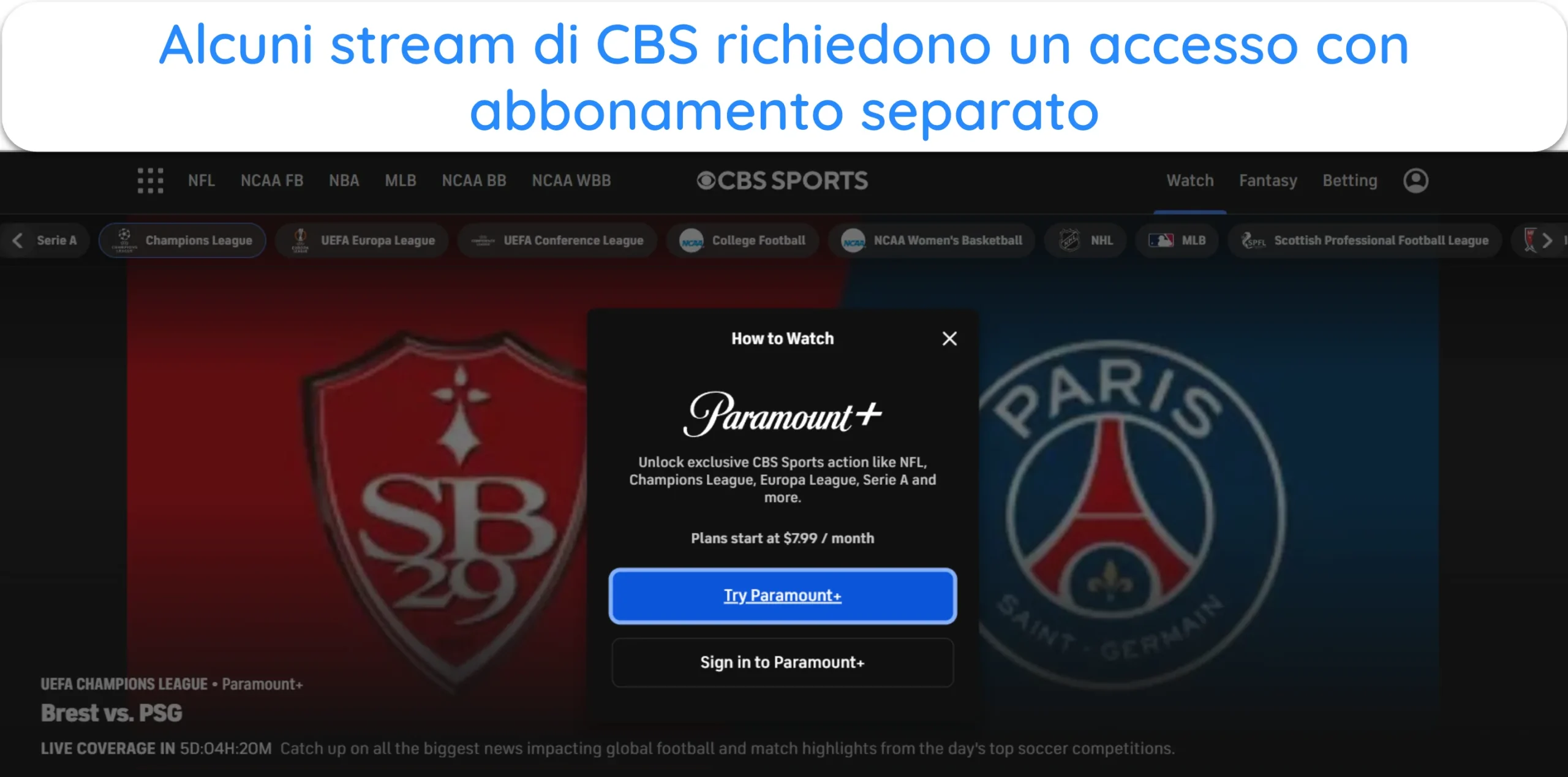Screenshot di CBS Sports che richiede l'accesso a Paramount+ per uno specifico streaming.