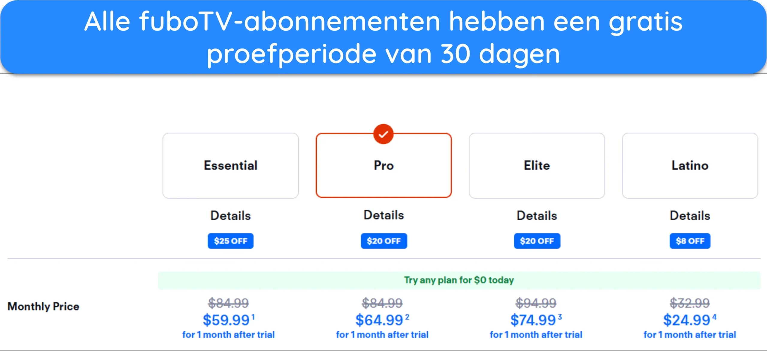 Screenshot van alle abonnementen van fuboTV met een gratis proefperiode van 30 dagen.