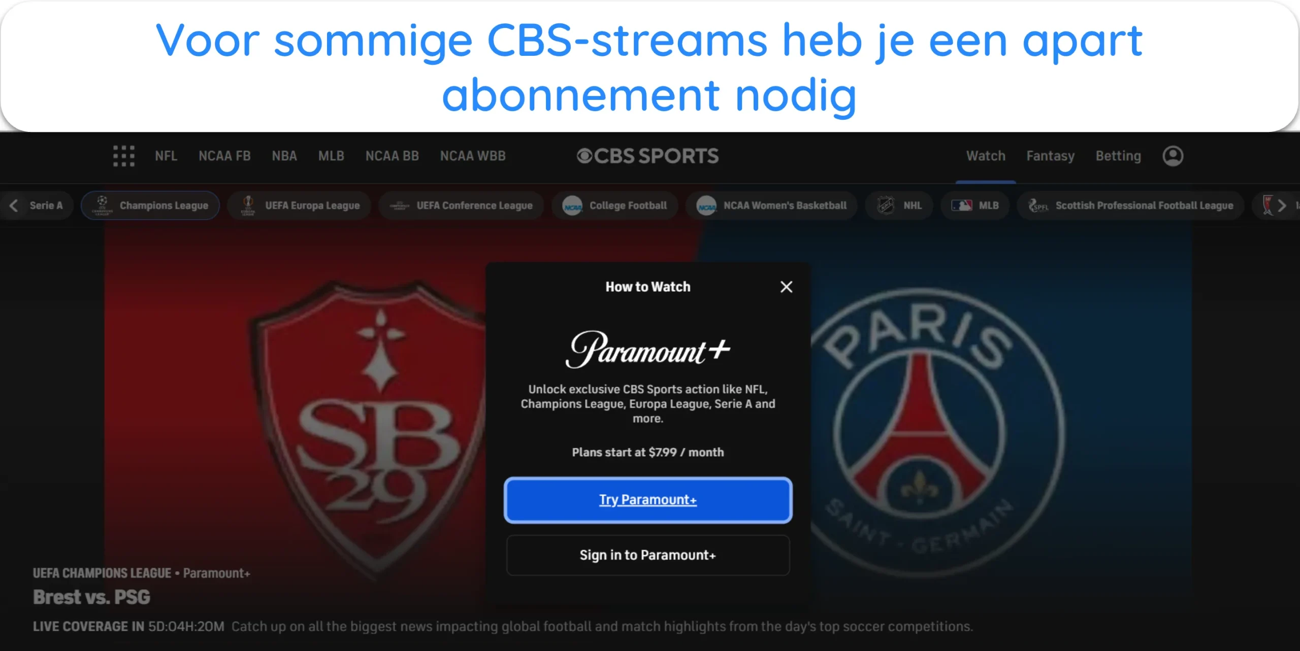 Screenshot van CBS Sports dat vraagt om een Paramount+ login voor een specifieke stream.