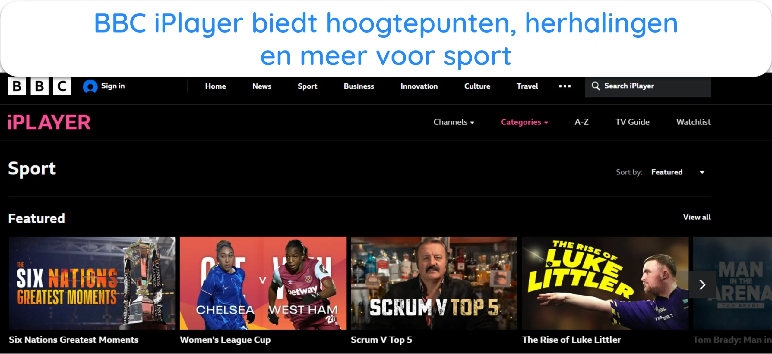 Screenshot van de verschillende soorten sportcontent op BBC iPlayer.