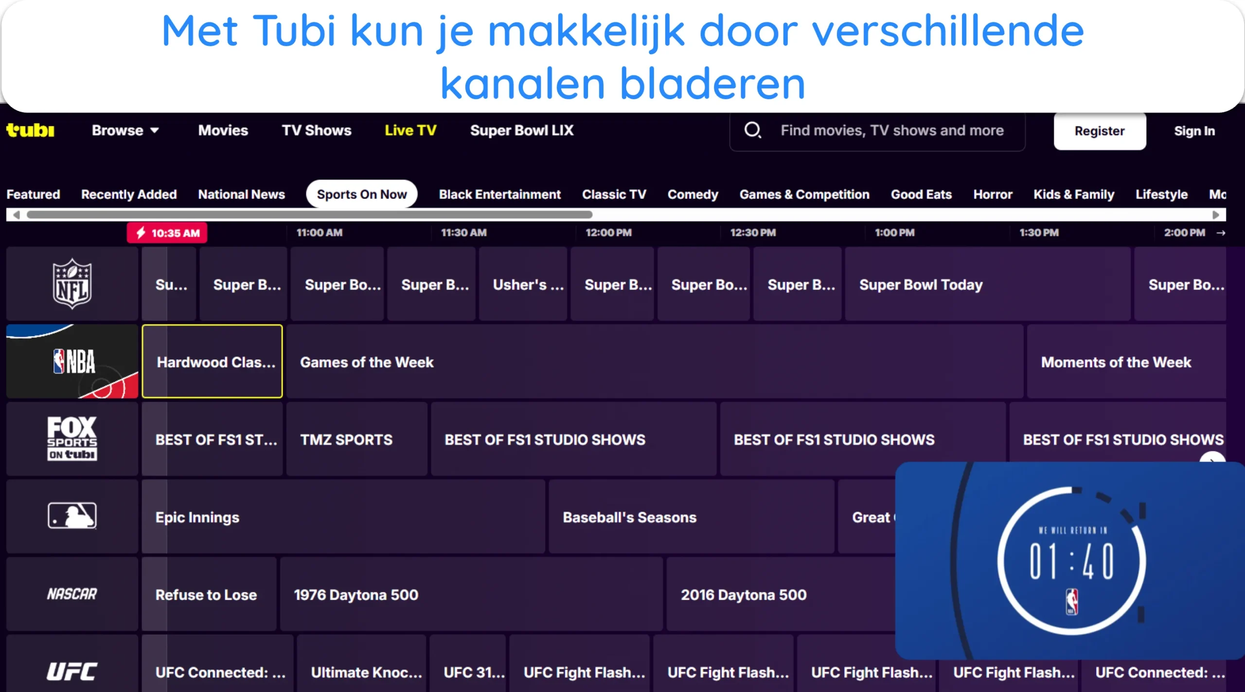 Screenshot van hoe je door de verschillende kanalen van Tubi navigeert.