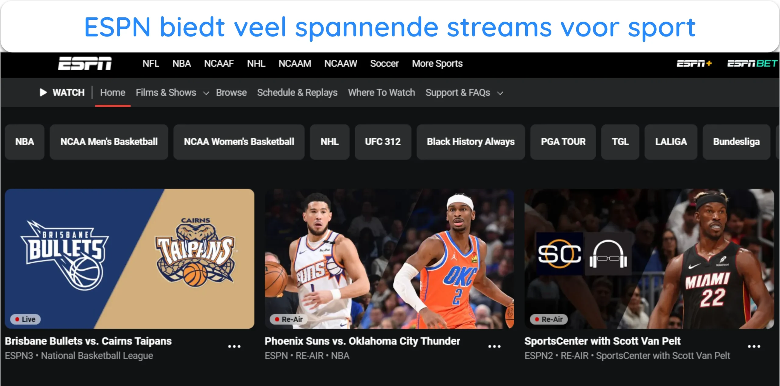 Screenshot van de hoofdstreamingpagina van ESPN.