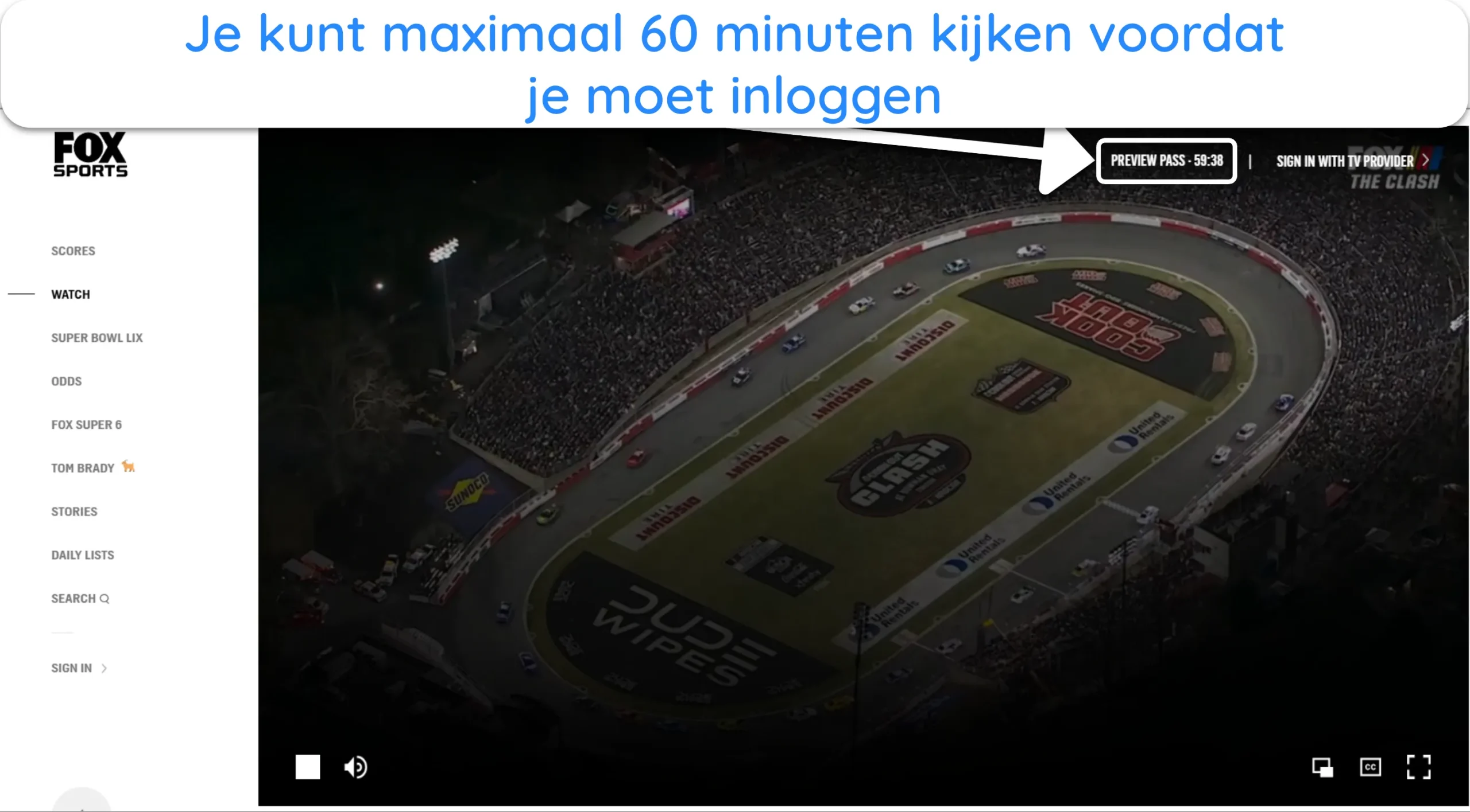 Screenshot van Fox Sports dat 60 minuten kijktijd toestaat voordat je inlogt.