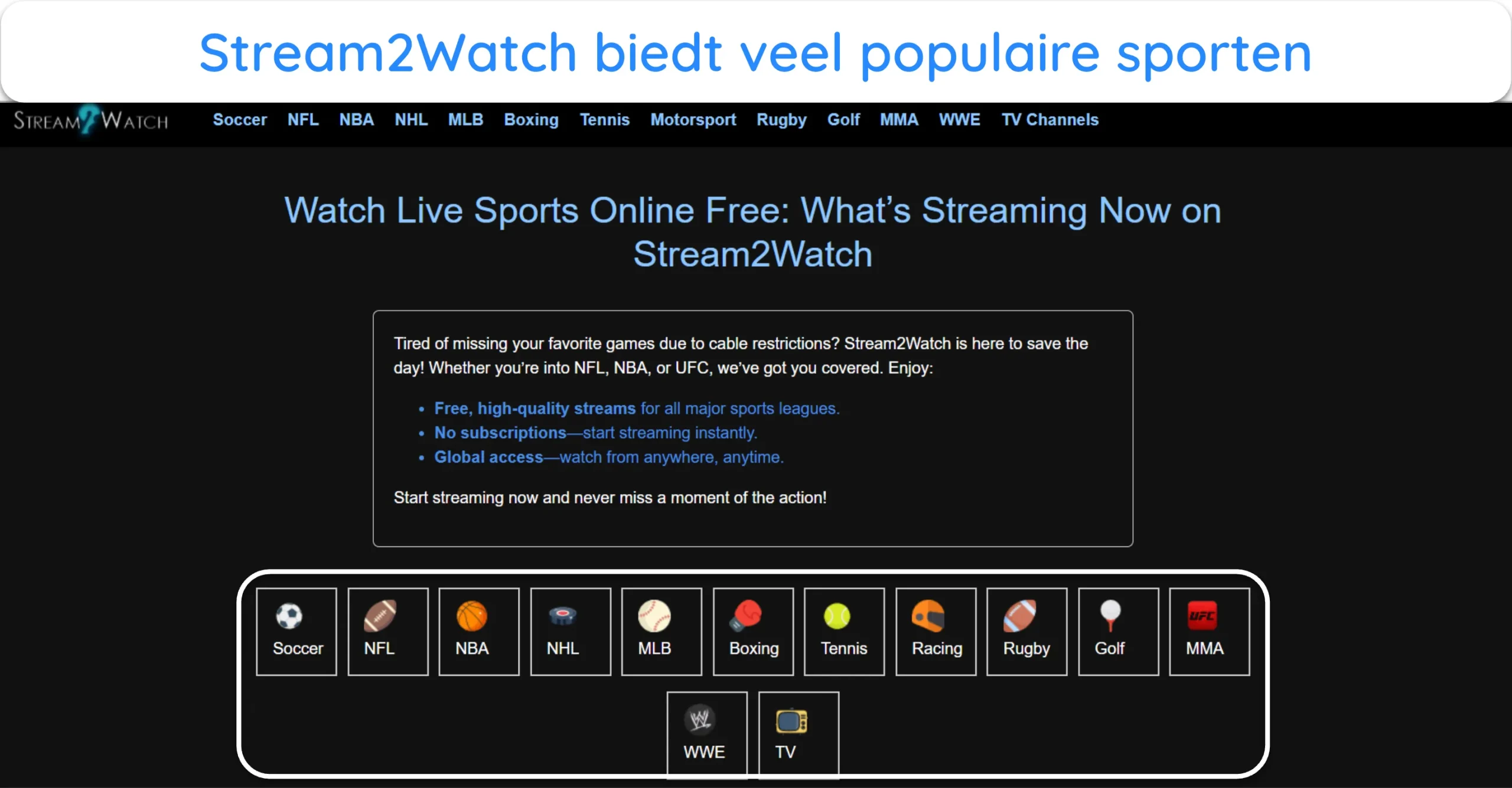 Screenshot van de verschillende sporten die beschikbaar zijn op Stream2Watch.