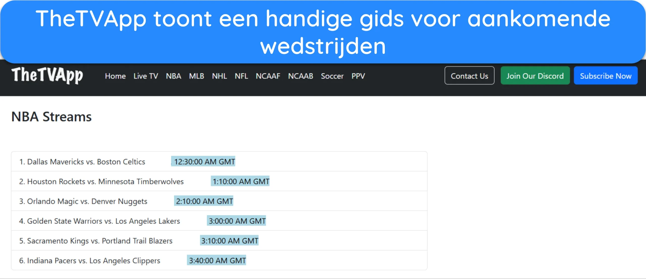 Screenshot van een schema van aankomende NBA-wedstrijden op TheTVApp.