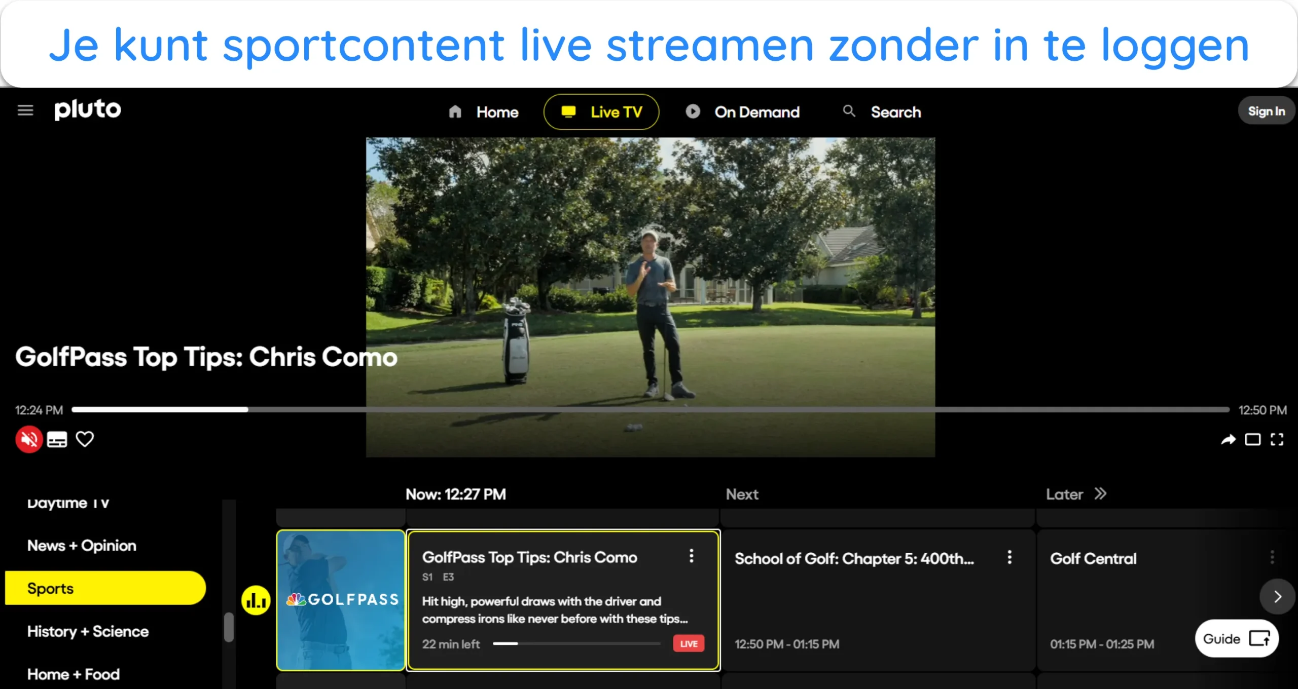 Screenshot van livestreams die werken op Pluto TV zonder inlog.