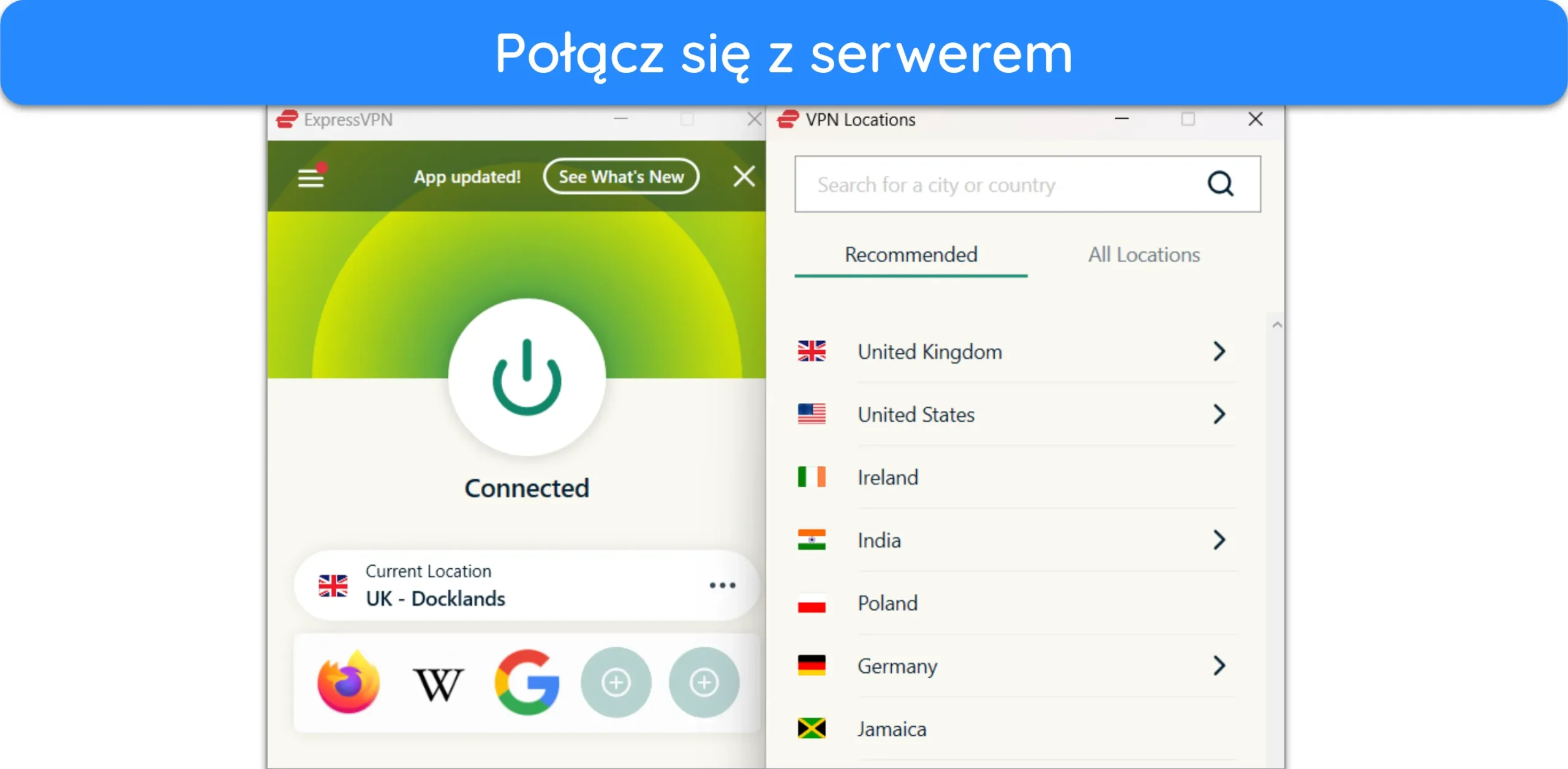 Zrzut ekranu pokazujący ExpressVPN połączony z serwerem w Wielkiej Brytanii.