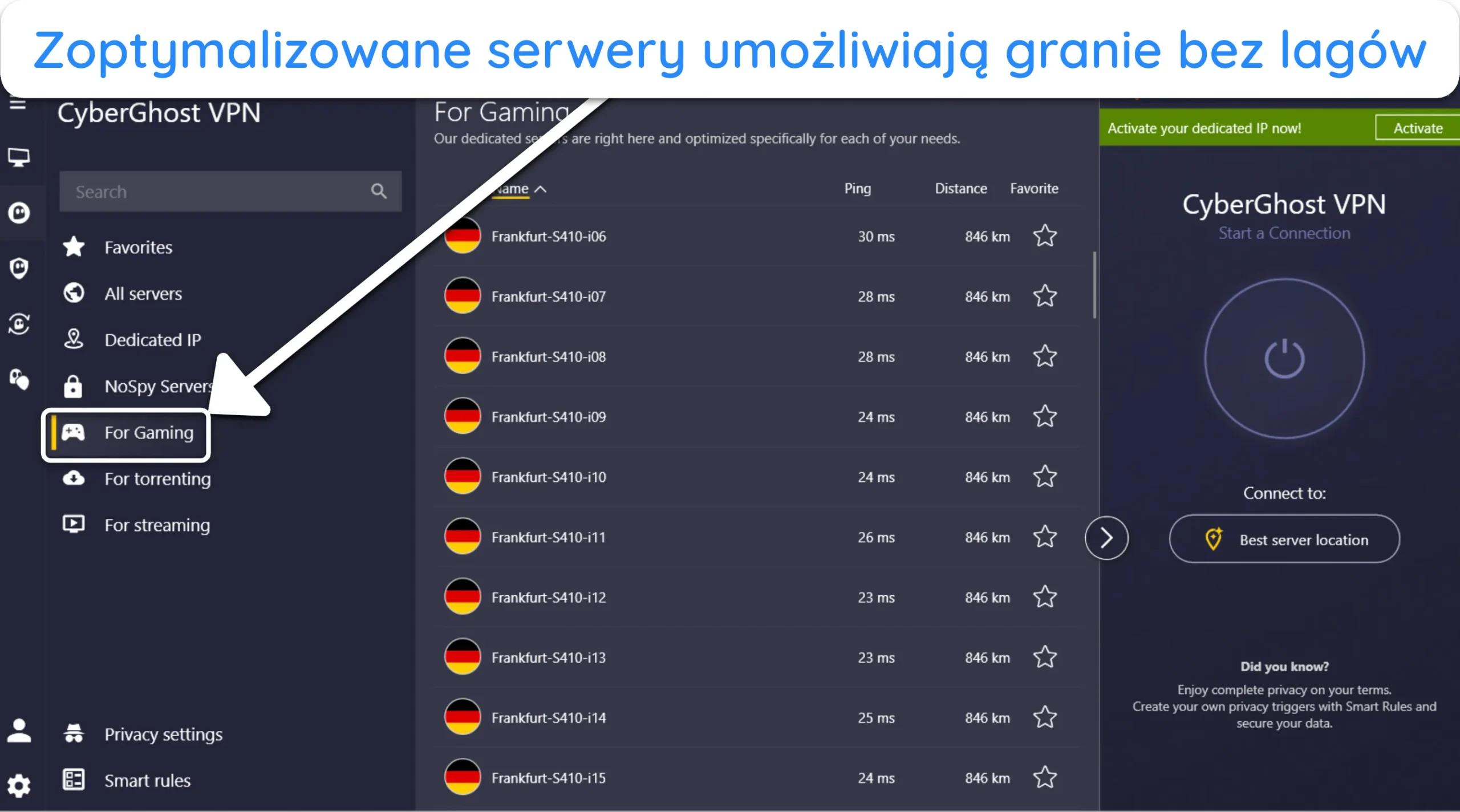 Zrzut ekranu pokazujący serwery CyberGhost zoptymalizowane pod kątem gier w aplikacji Windows.