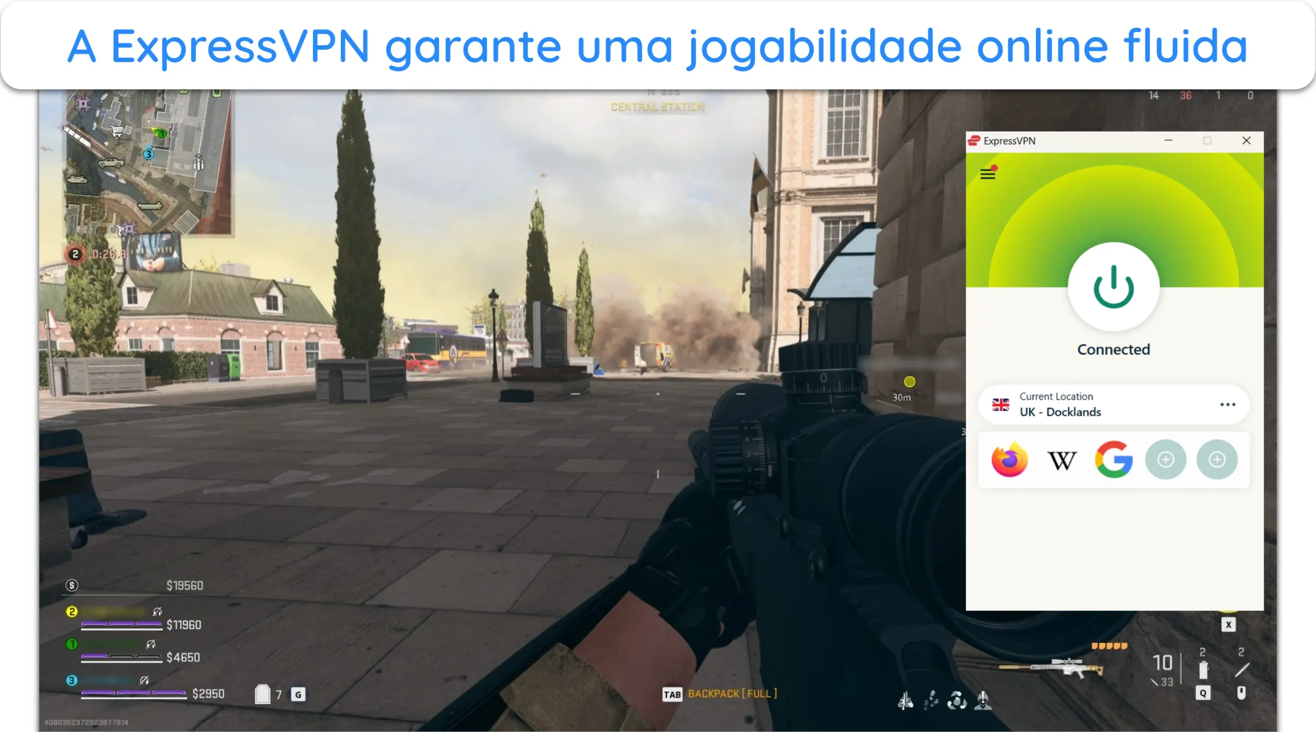 Captura de tela da ExpressVPN proporcionando uma conexão estável para jogar Call of Duty: Warzone sem lag.