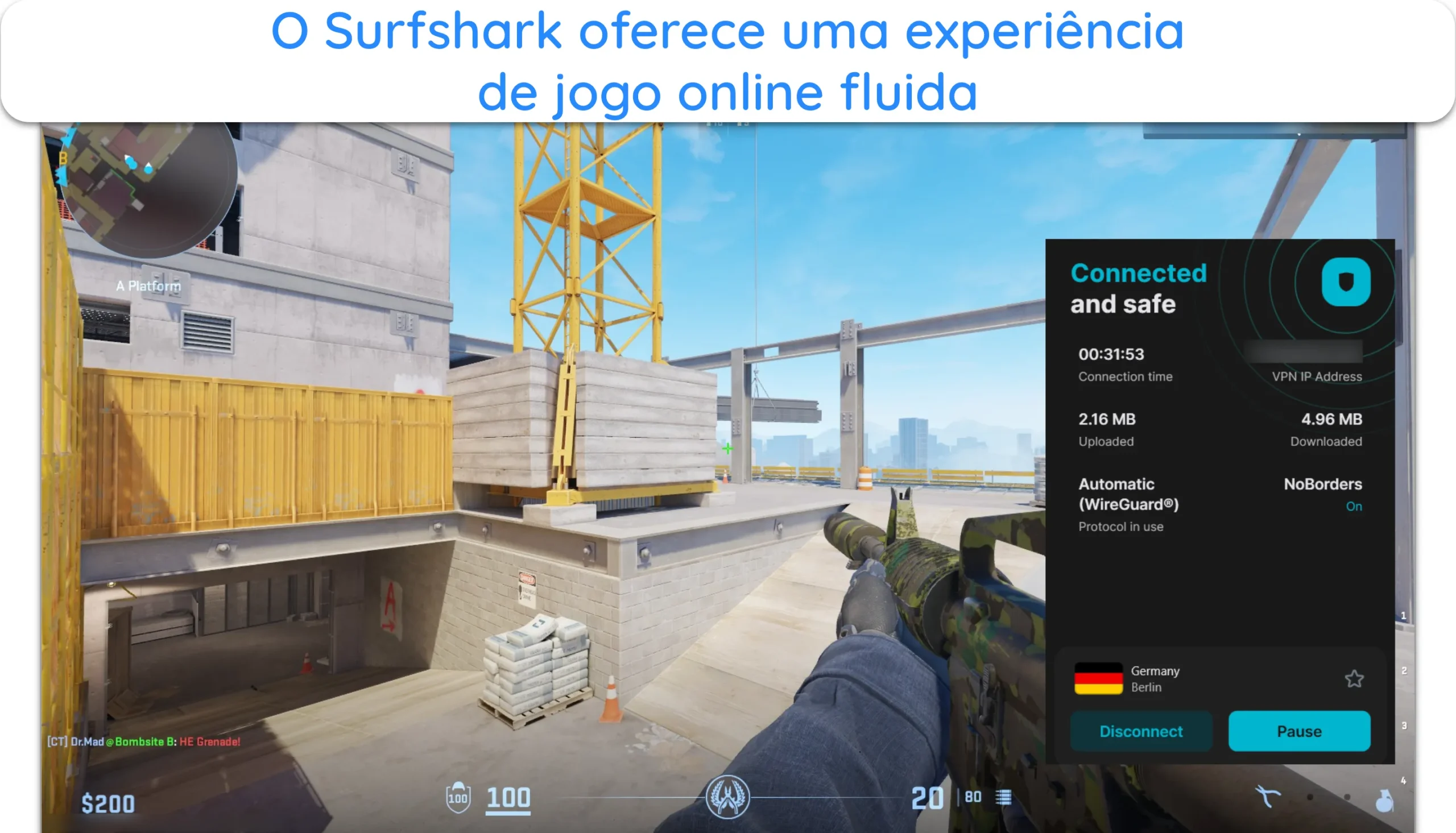 Captura de tela mostrando o Counter Strike 2 funcionando perfeitamente conectado a um servidor Surfshark na Alemanha.