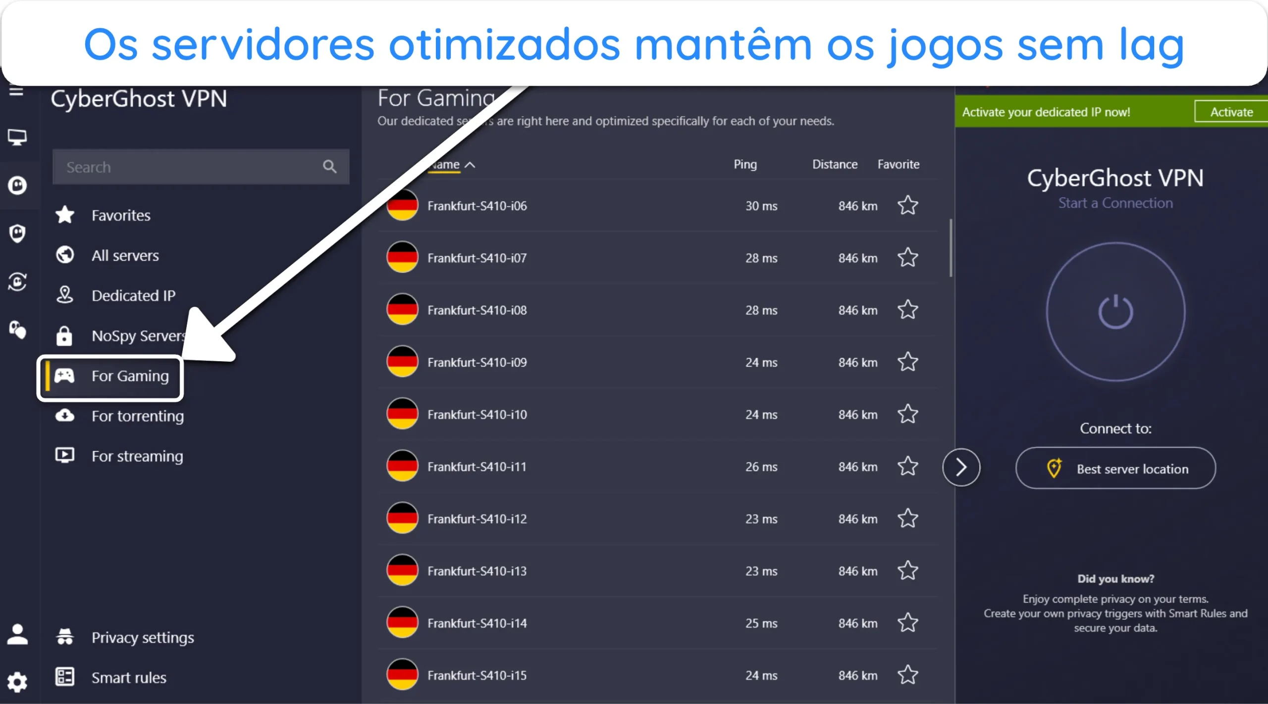 Captura de tela mostrando os servidores otimizados para jogos da CyberGhost no aplicativo para Windows.