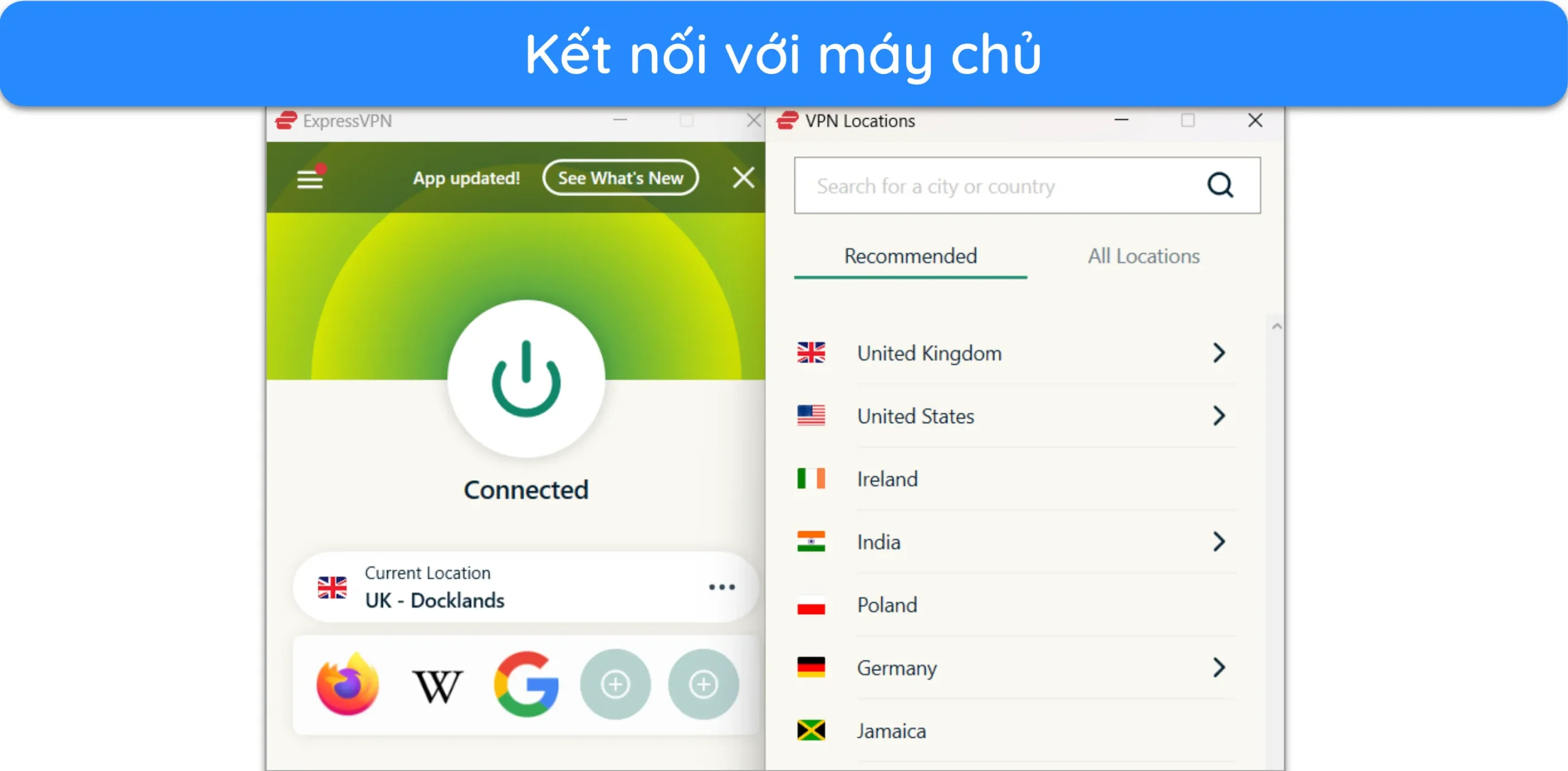 Ảnh chụp màn hình hiển thị ExpressVPN được kết nối với máy chủ ở Vương quốc Anh.