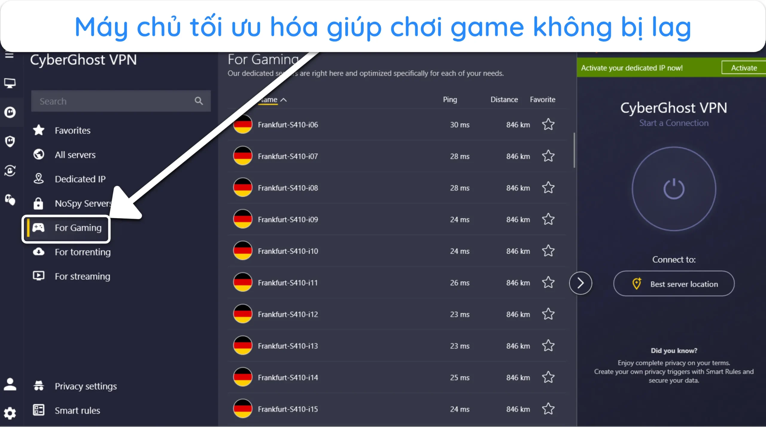 Ảnh chụp màn hình hiển thị máy chủ được tối ưu hóa cho trò chơi của CyberGhost trong ứng dụng Windows.