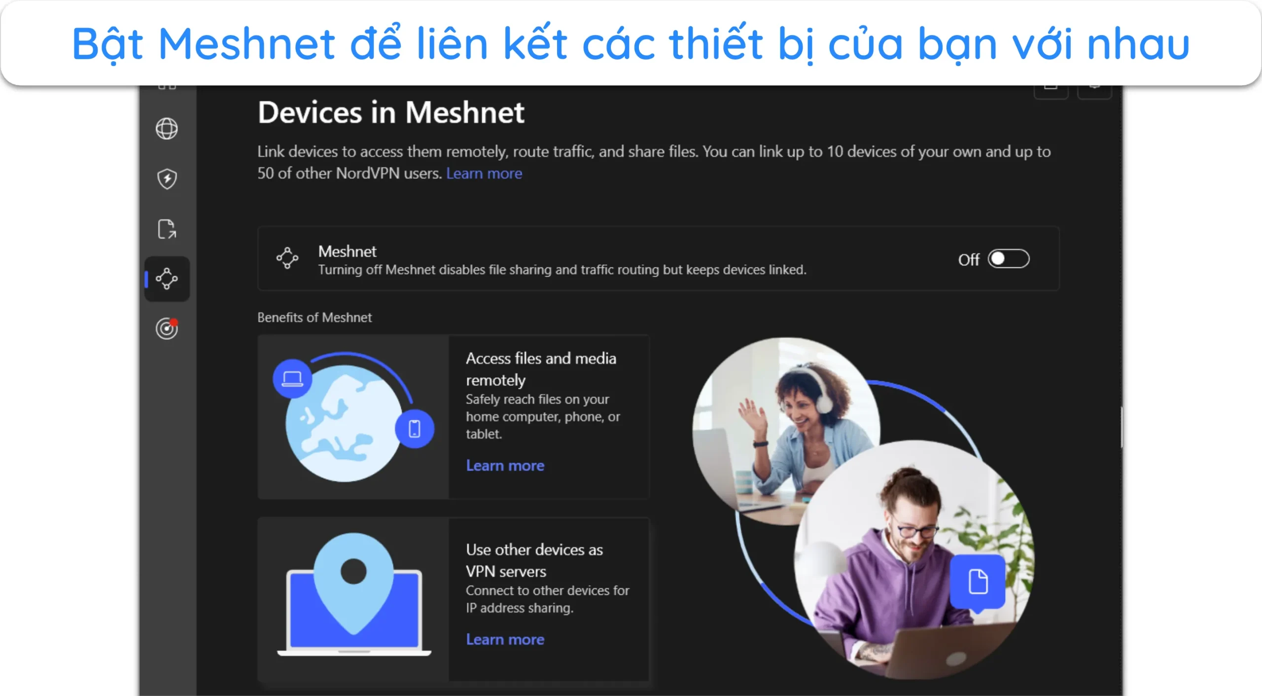 Ảnh chụp màn hình hiển thị tính năng Meshnet trong ứng dụng Windows của NordVPN.