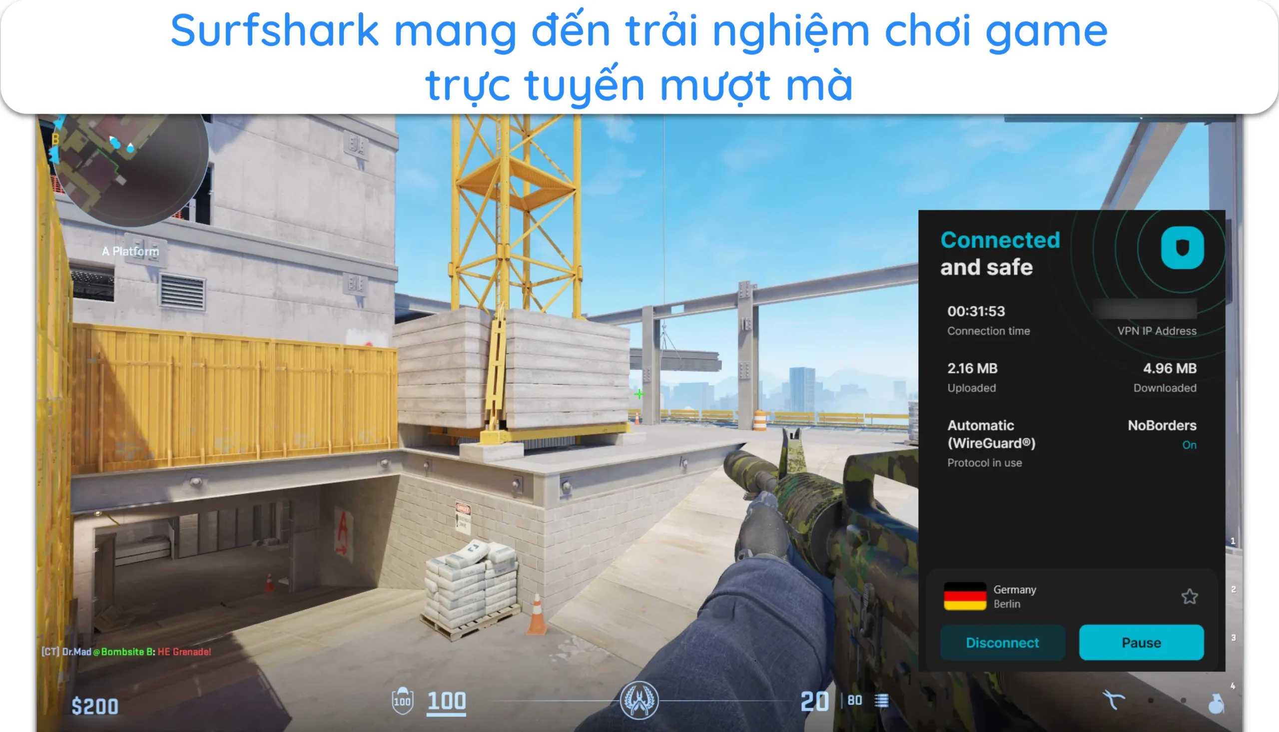 Ảnh chụp màn hình hiển thị Counter Strike 2 chạy mượt mà khi kết nối với máy chủ Surfshark ở Đức.