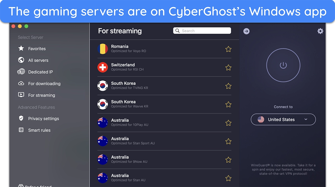 Screenshot of CyberGhost's list of streaming optimized servers on its Mac app