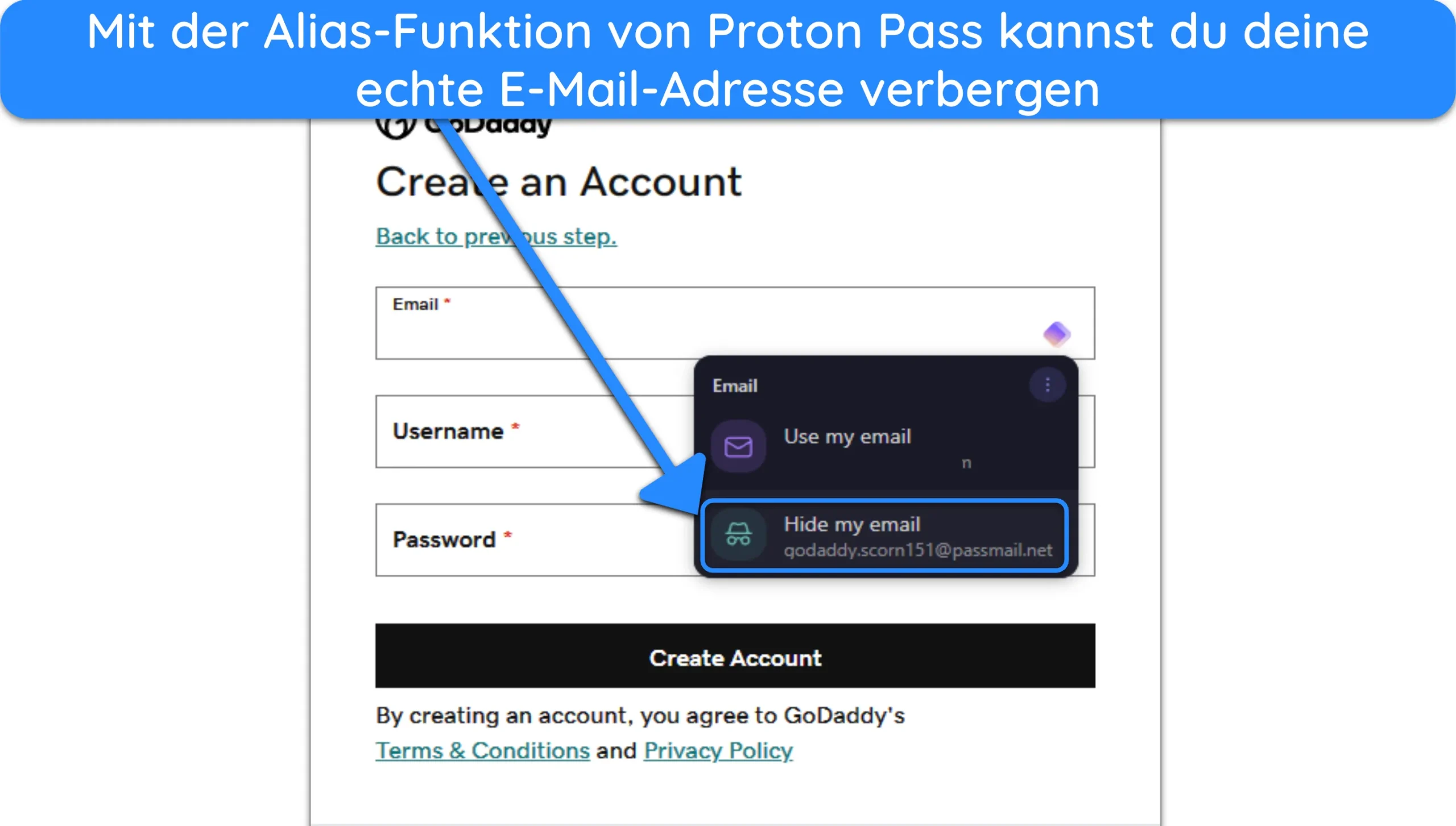 Screenshot von Proton Pass mit der Aufforderung, einen Alias anstelle einer echten E-Mail-Adresse zu verwenden.